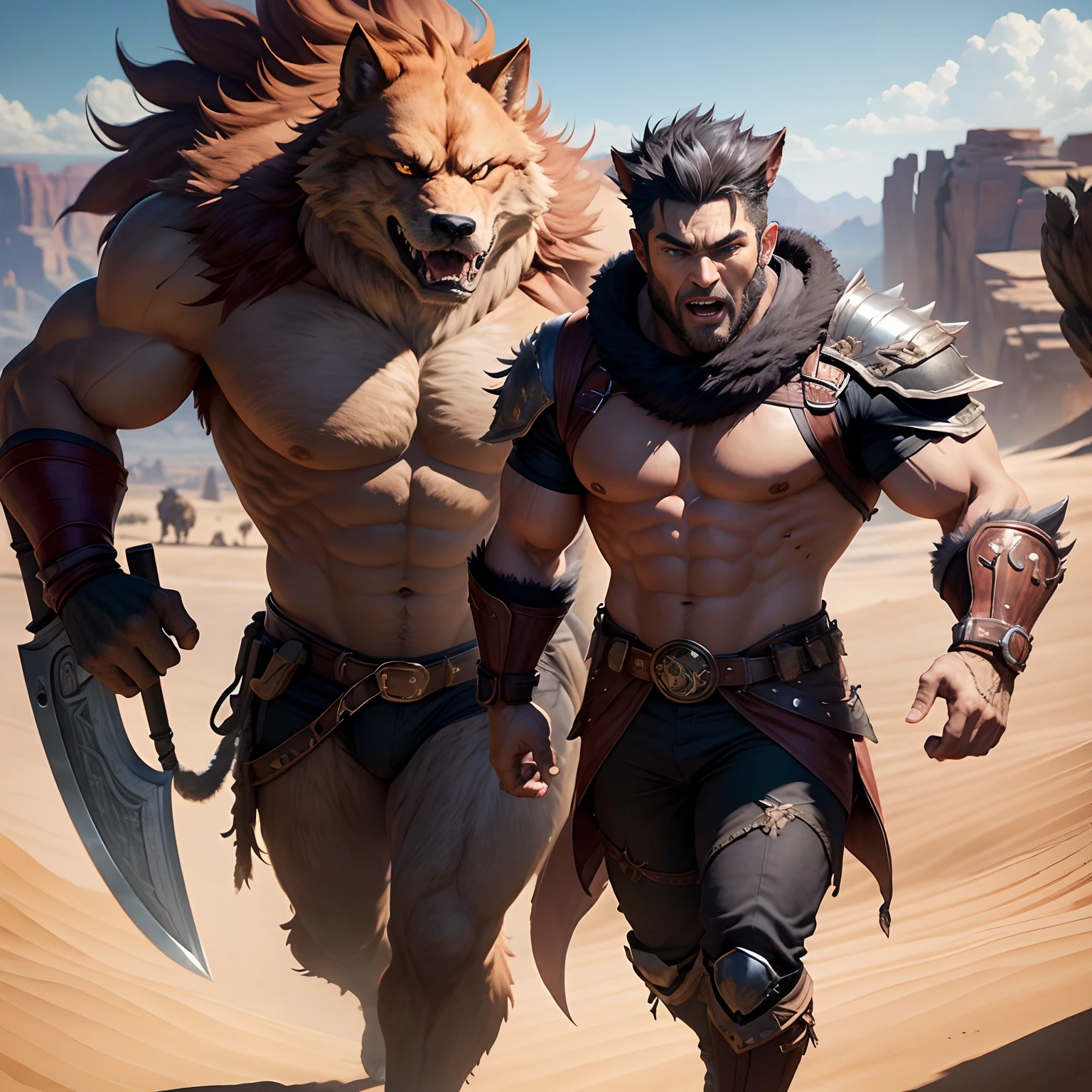 超A high resolution、An ultra-high picture quality、8K、Detailed details、marvelous expression、1 male、The big wolf monster is your sidekick、Monster Hunter Character Costumes、Has a big ax、Vast desert background、