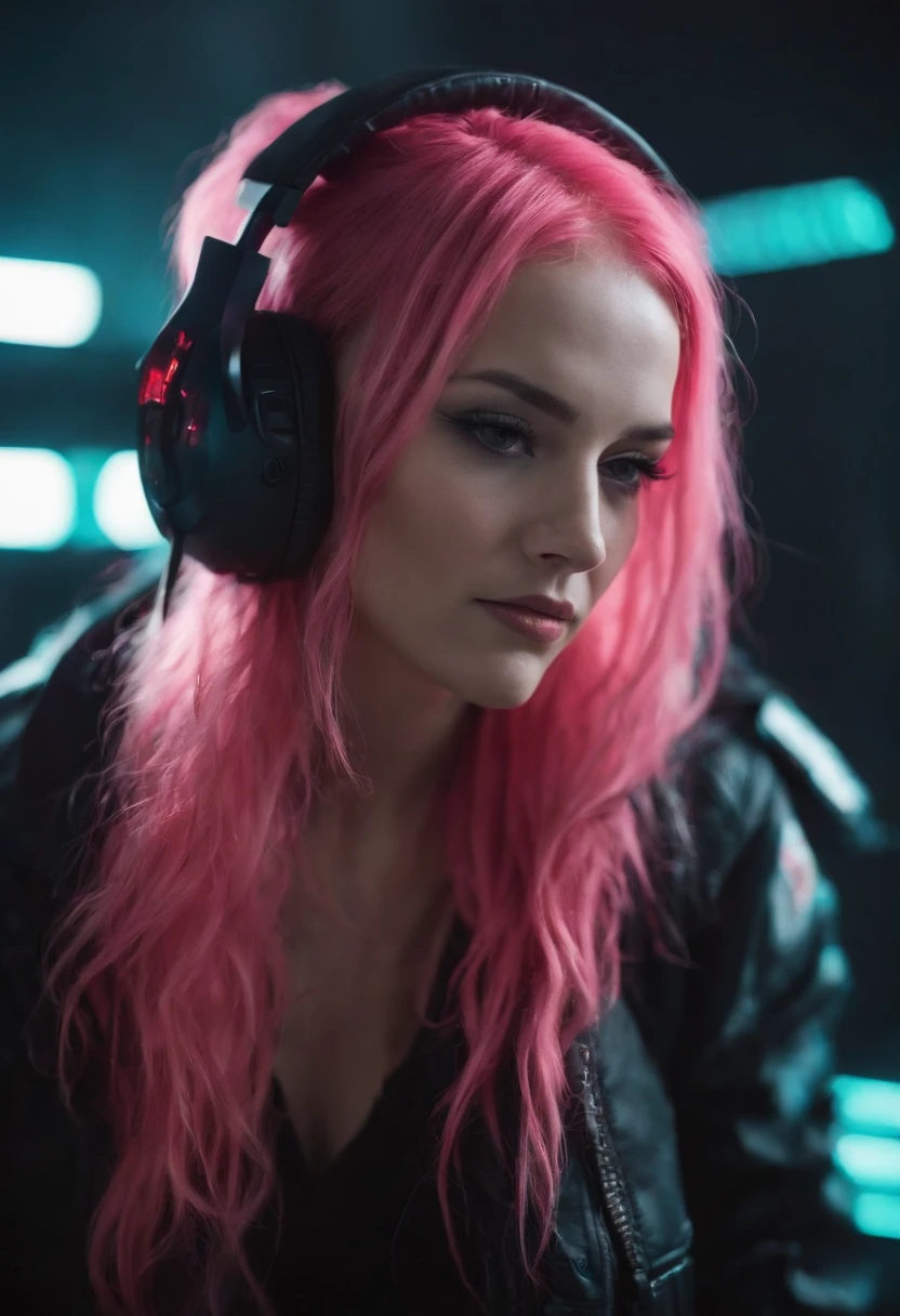 nicole, mulher, cyberpunk, neon, segurando arma, long messy pink hair, dj headset