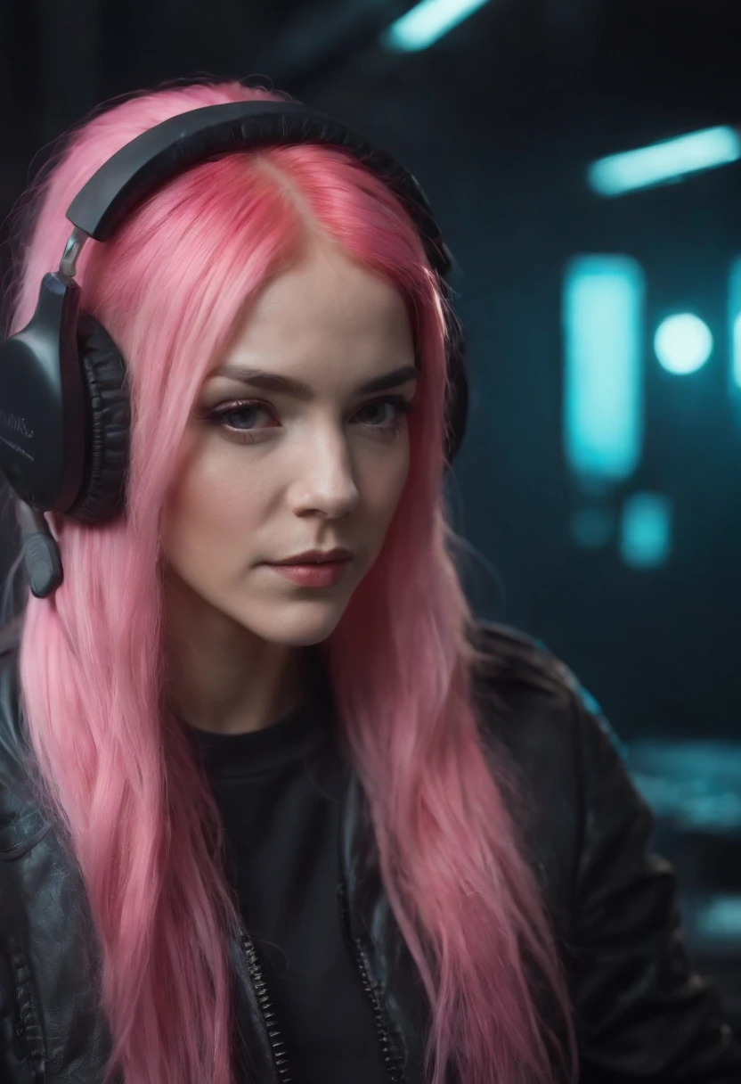 nicole, mulher, cyberpunk, neon, segurando arma, long messy pink hair, dj headset