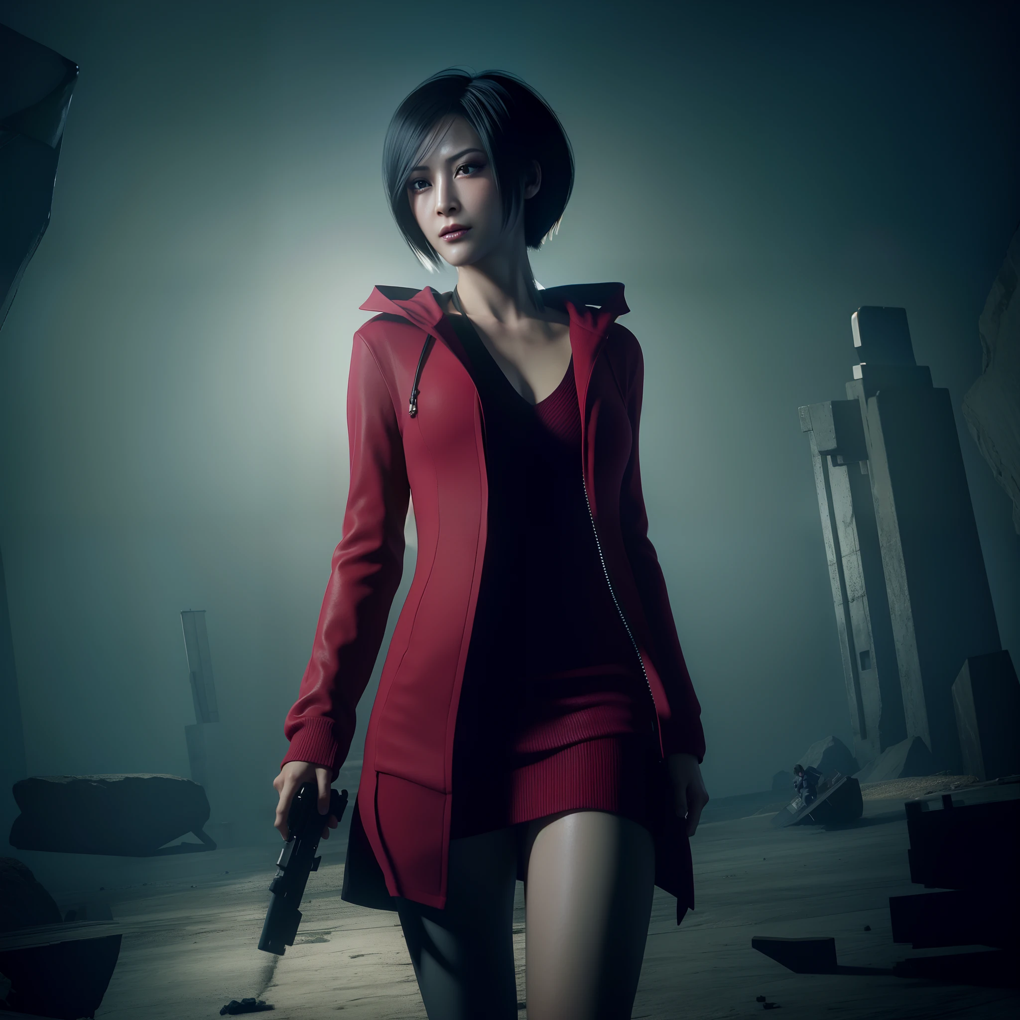Ada wong, beautiful face, woman, bob hair, perfect Face, wearing mini red dress hoody, wearing hoody, black nail polish, looking straight