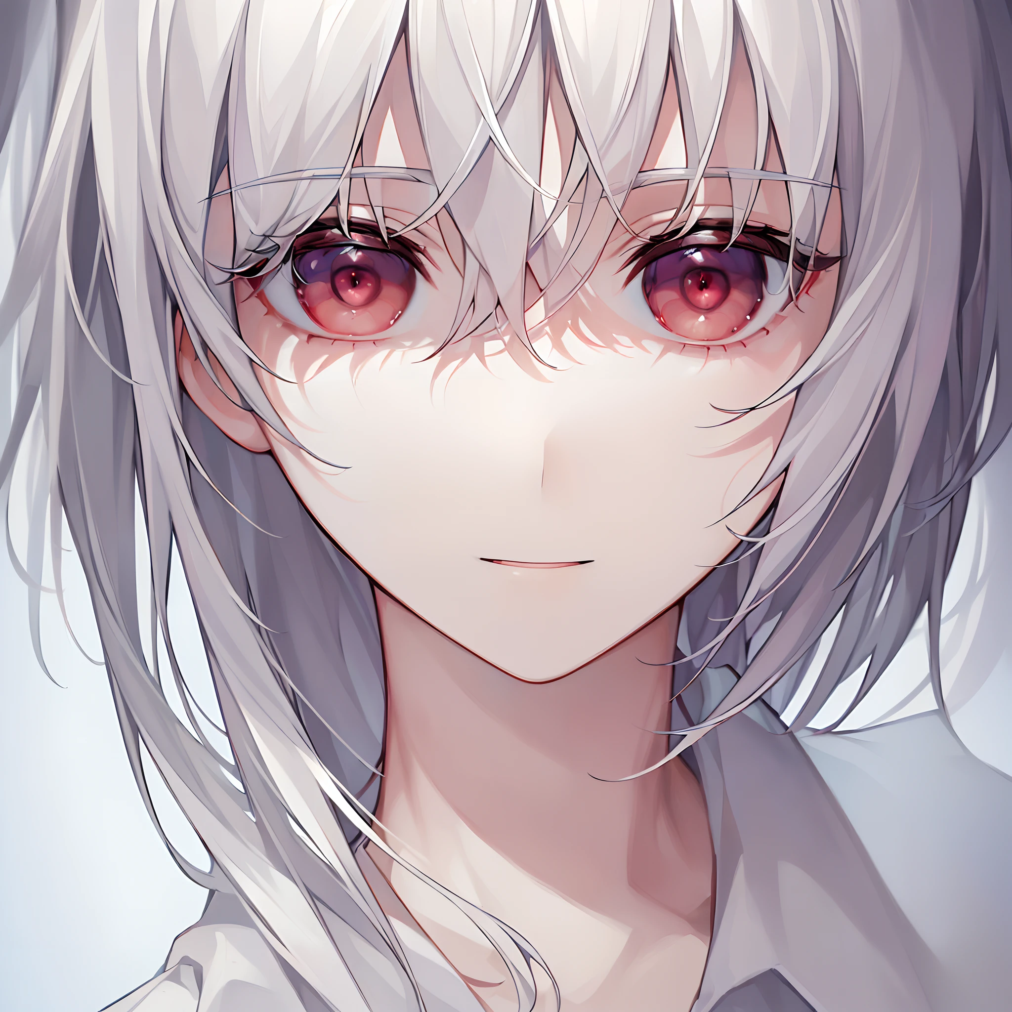 ((top-quality)), ((masterpiece)), ((ultra-detailliert)),(8k wallpaper:1.2),(Ultra-high resolution:1.2),(masterpiece:1.1),wallpaper,High quality,(High detail),(absurdres, highres, ultra detailed),( best quality:1.2),1boy, white hair, purplish red eyes, short hair, serious face , lovely face,maniacal smile