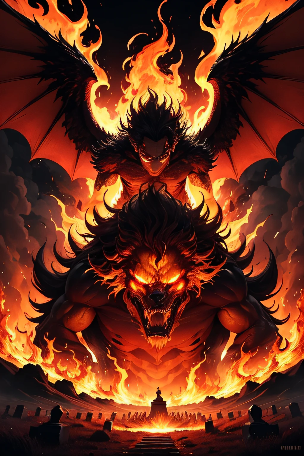 It features a fiery scene: a legendary monster emerging from the flames of a massive fire. Its red and gold flames are intense The flames that envelop it create an atmosphere of renewal and triumph.The surrounding environment is dark, Representing the darkness of the cemetery, mas as chamas iluminam tudo com um brilho quente e dourado