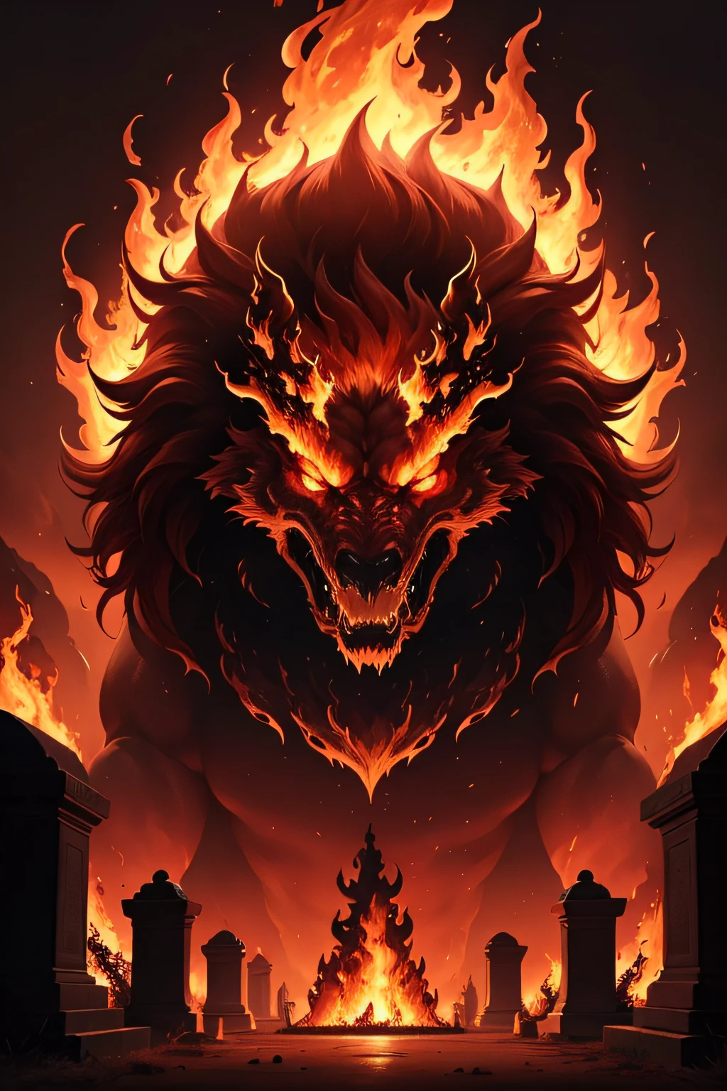 It features a fiery scene: a legendary monster emerging from the flames of a massive fire. Its red and gold flames are intense The flames that envelop it create an atmosphere of renewal and triumph.The surrounding environment is dark, Representing the darkness of the cemetery, mas as chamas iluminam tudo com um brilho quente e dourado