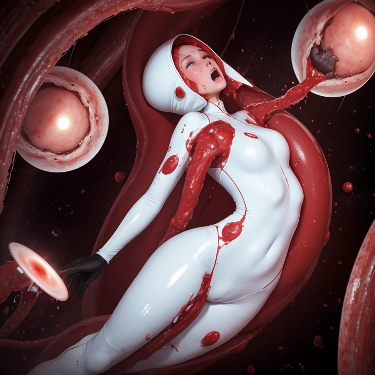 Woman thin, white body suit. Inside an organic flesh tube with giant disk blood cells. The bloodcell is attacking her by merging with her. She is scared crying and yelling