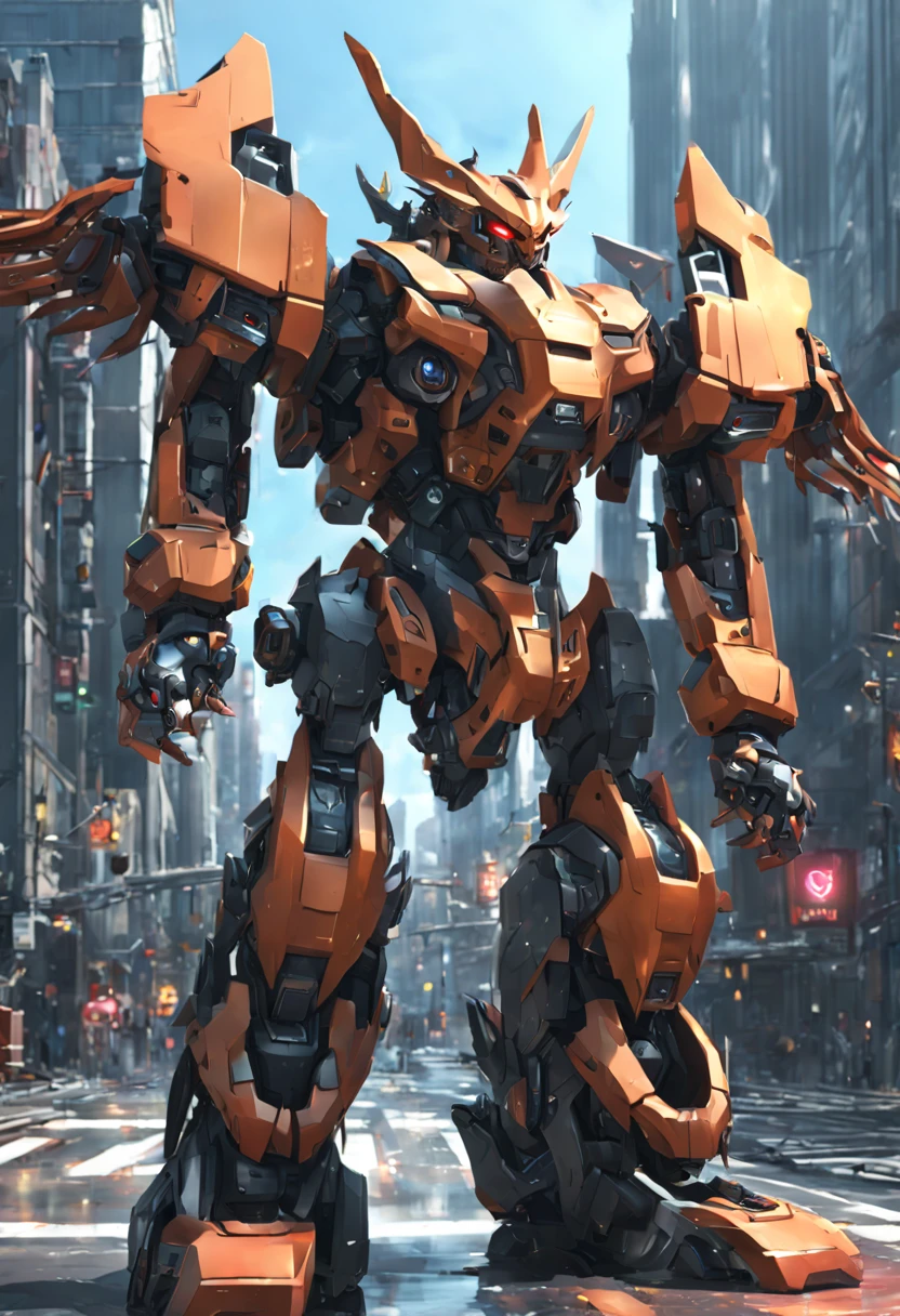 (Demon God Mecha, 3D rendering), background city street center, clear HD, 8K resolution, very detailed, digital painting, concept art, Shinkai Makoto style, pop popularization trend, pop, pop trend on pixiv.