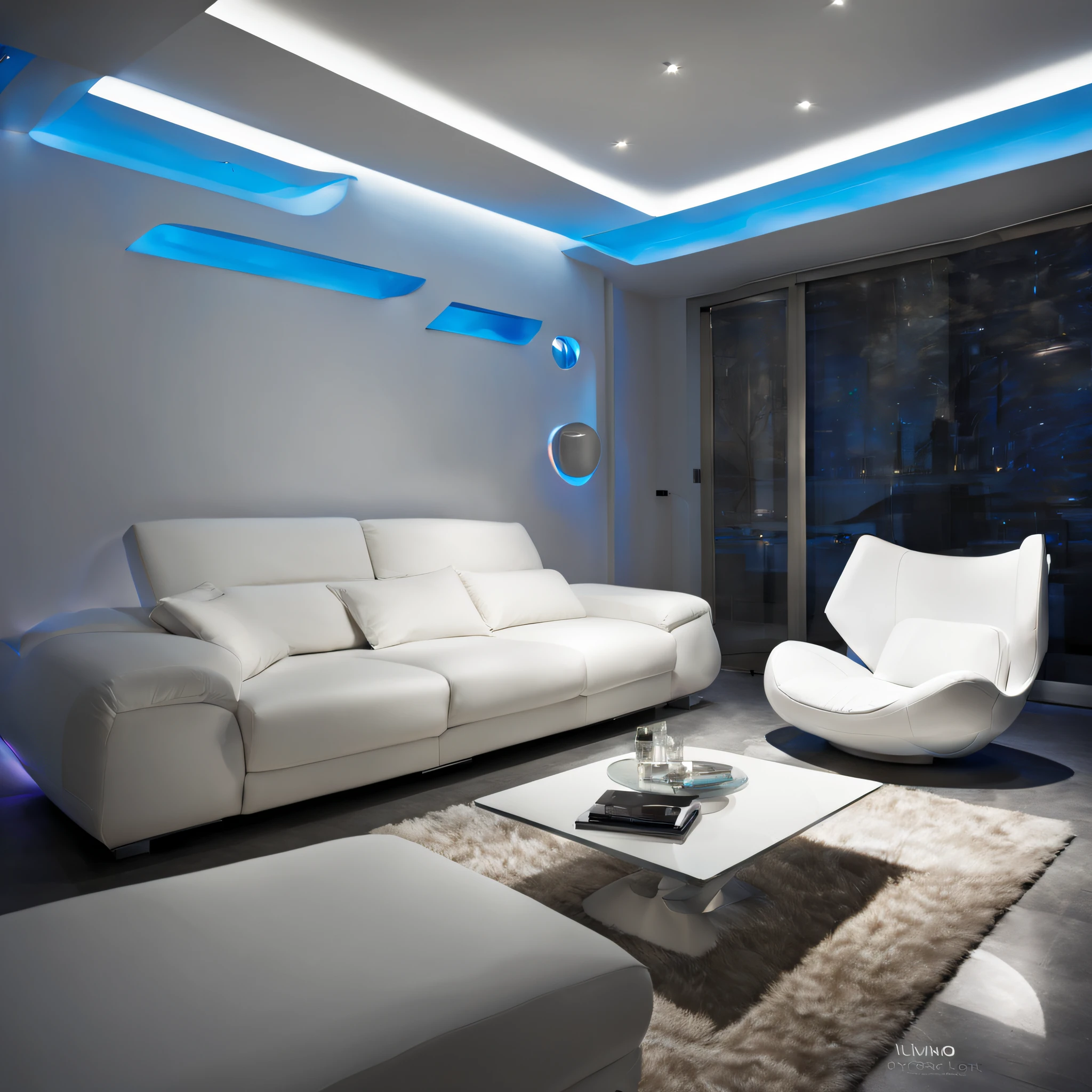 arafed ceiling with a glass panel and a white couch, futuristic dramatic lighting, futuristic looking living room, futuristic interior, futuristic room, futuristic decor, volumetric interior lighting, dramatic white and blue lighting, stunning volumetric lighting, glowing interior lighting, futuristic decoration, dramatic and dynamic lighting, white accent lighting, dramatic ambient lighting, award winning interior design, futuristic lighting