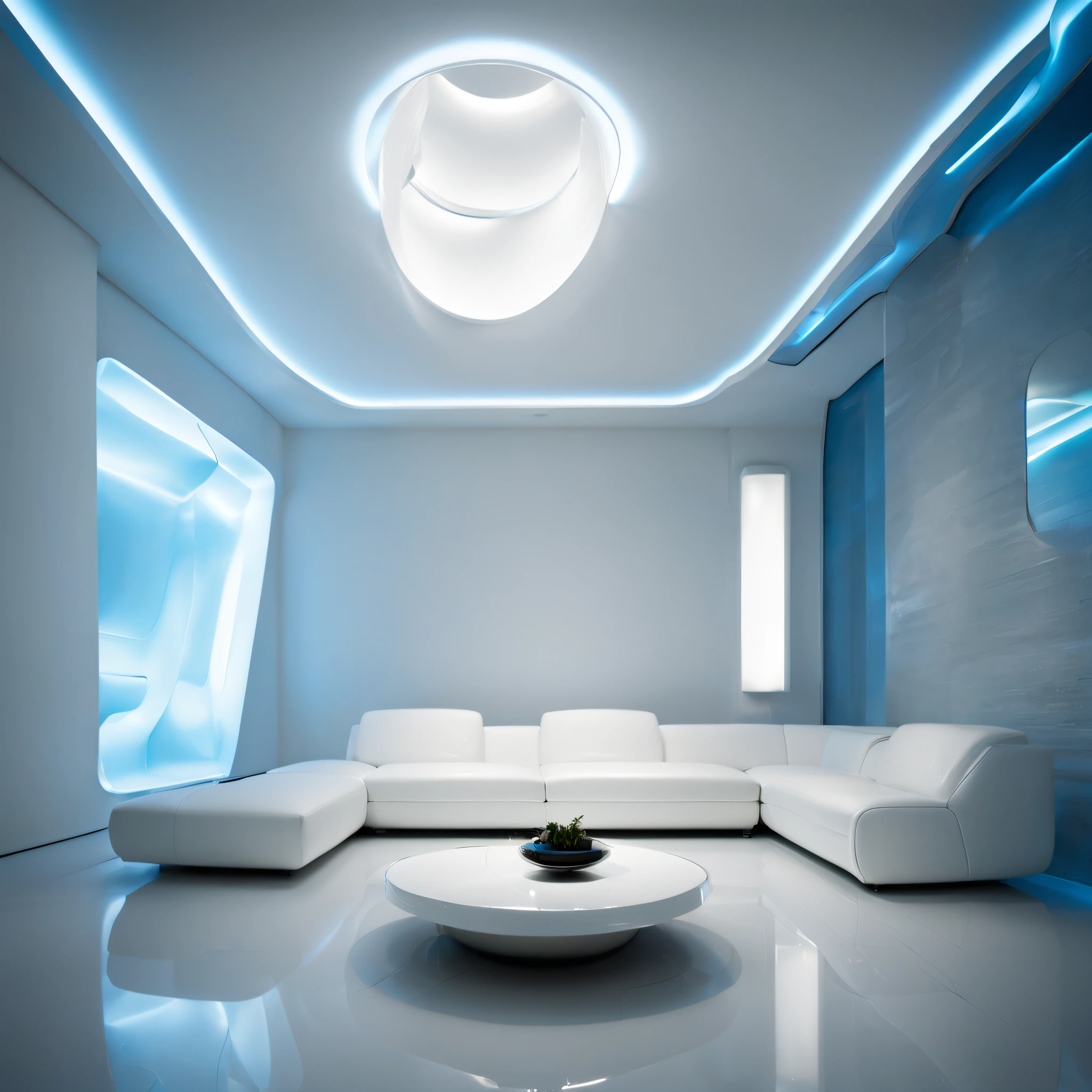 arafed ceiling with a glass panel and a white couch, futuristic dramatic lighting, futuristic looking living room, futuristic interior, futuristic room, futuristic decor, volumetric interior lighting, dramatic white and blue lighting, stunning volumetric lighting, glowing interior lighting, futuristic decoration, dramatic and dynamic lighting, white accent lighting, dramatic ambient lighting, award winning interior design, futuristic lighting