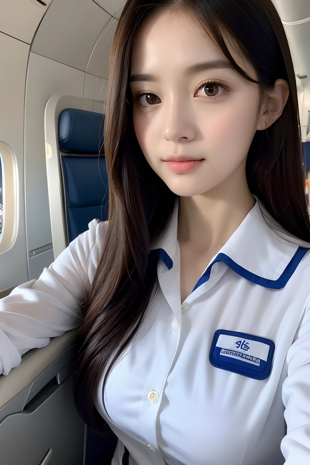 ((top-quality、masutepiece、8K、Top image quality、Hyper-Realism))、((1 female stewardess、walk gracefully down the aisle、cowboy shot、Take a photo of her from the waist up))、((The background is the first class aisle of an airplane.、Christmas decorations on board、Christmas illuminations on board))、((perfect stewardess uniform))、(Exposing the forehead、Chignon)、large full breasts、The Biggest Smile、white big teeth、Perfect makeup、long eyelashes、View me、smile your best smile、perfect anatomia、Bright lighting, hyper realistic, photoreal, wearing a professional and fashionable stewardess dress mix business suit such as for Oscars Award
