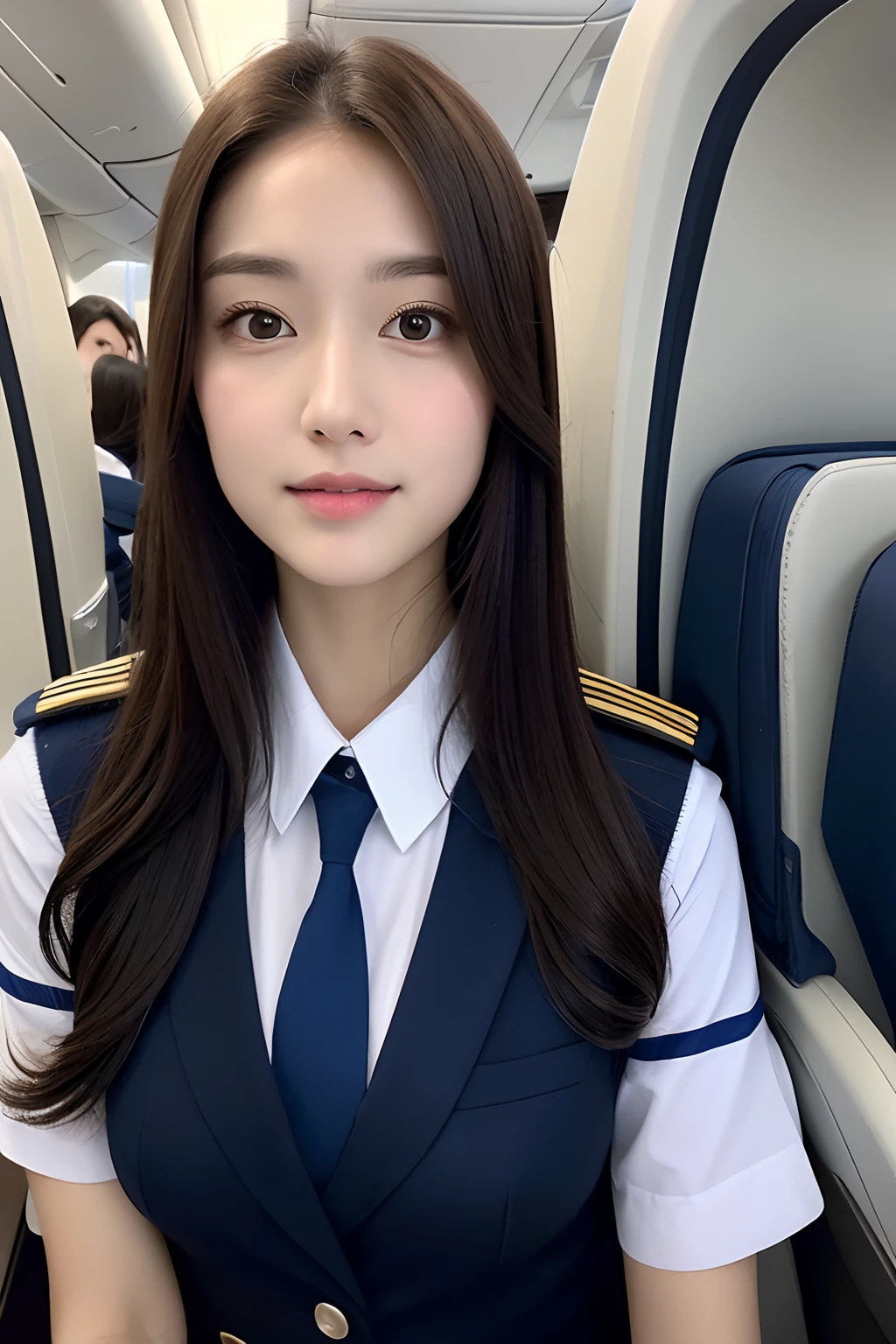 Top Quality, Masterpiece, 8K, Ultra High Definition, (Photorealistic: 1.4), 1 Girl, Beautiful Face, Symmetrical Eyes, Big, Perfect Body Proportions, Stewardess Uniform, Viewer's Look, (Inside the Airplane: 1.2), Front View, Shoulder Jump, Absolute Area (1.3),