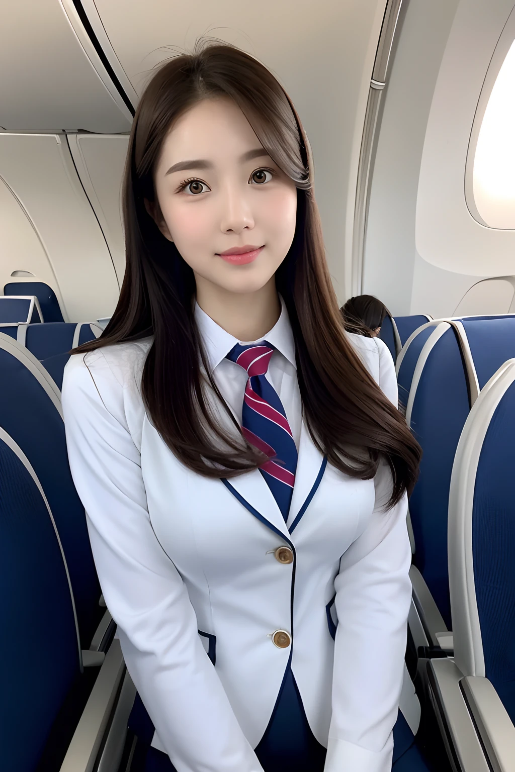 Top Quality, Masterpiece, 8K, Ultra High Definition, (Photorealistic: 1.4), 1 Girl, Beautiful Face, Symmetrical Eyes, Big, Perfect Body Proportions, Stewardess Uniform, Viewer's Look, (Inside the Airplane: 1.2), Front View, Shoulder Jump, Absolute Area (1.3),