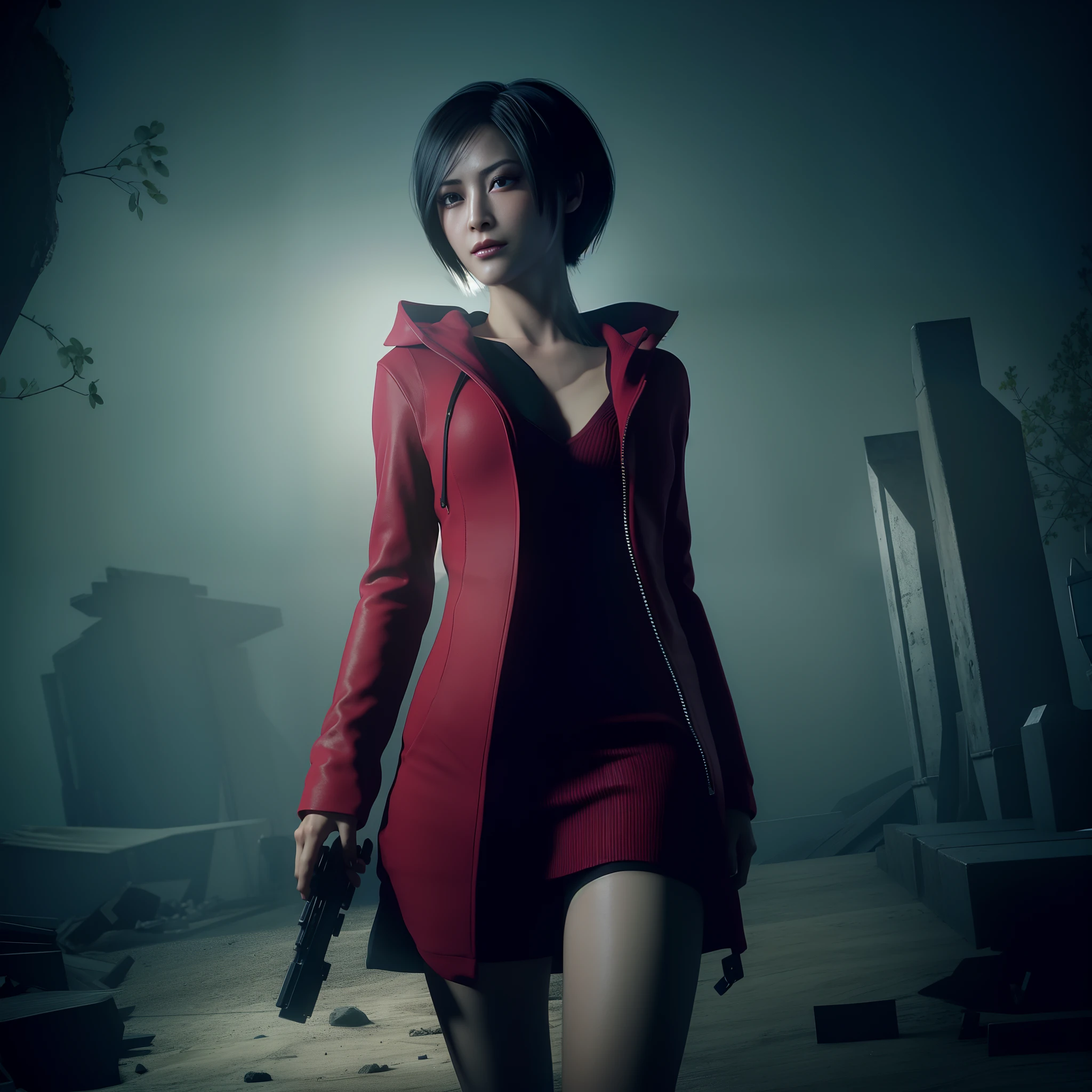Ada wong, beautiful face, woman, bob hair, perfect Face, wearing mini red dress hoody, wearing hoody, black nail polish, looking straight