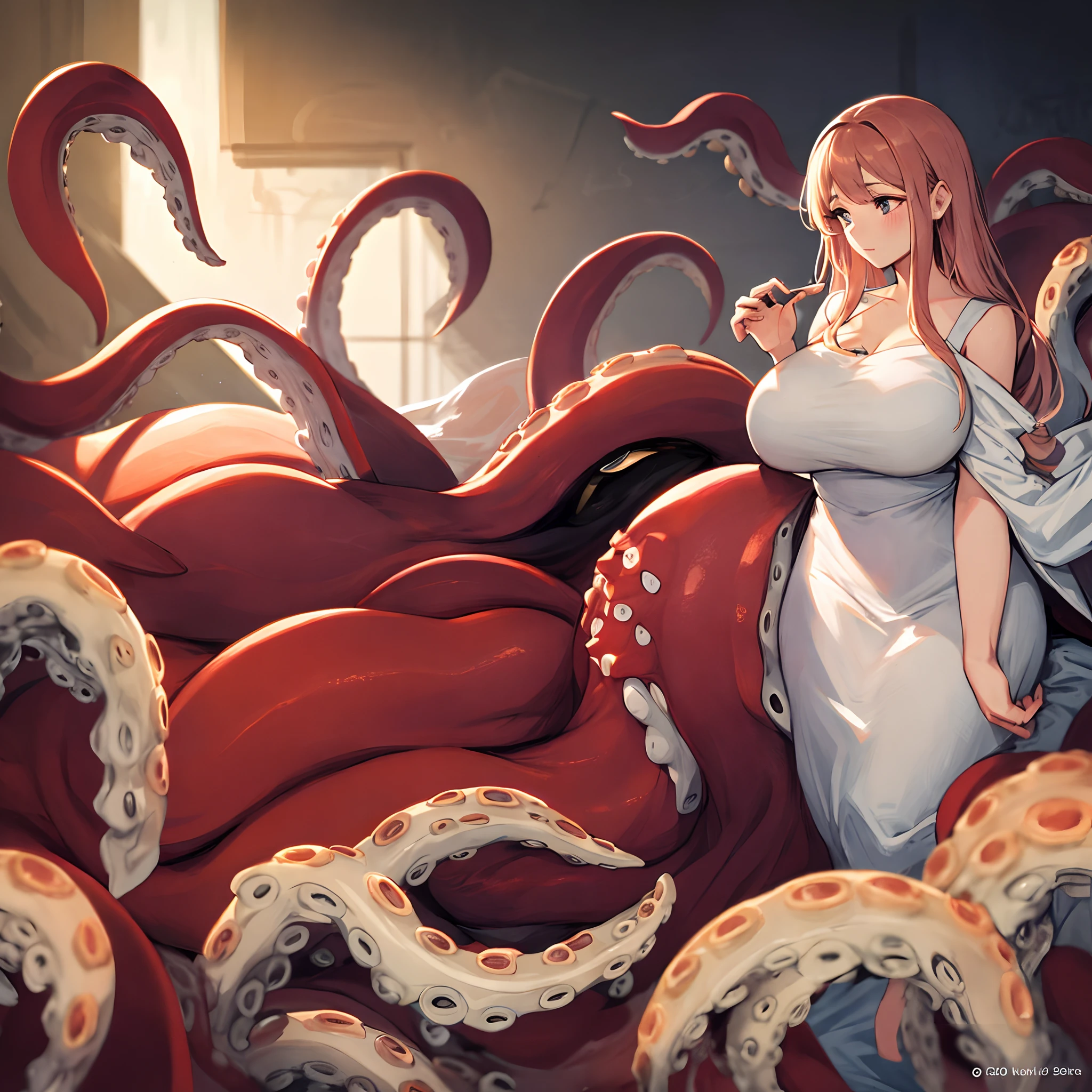 1girl,  full body, scylla, octopus tentacles，Volumetric Lighting, Best Shadows, Shallow Depth of Field, Stunningly Beautiful Girl, Delicate Beautiful Attractive Face，masterpiece, best quality, huge boobs