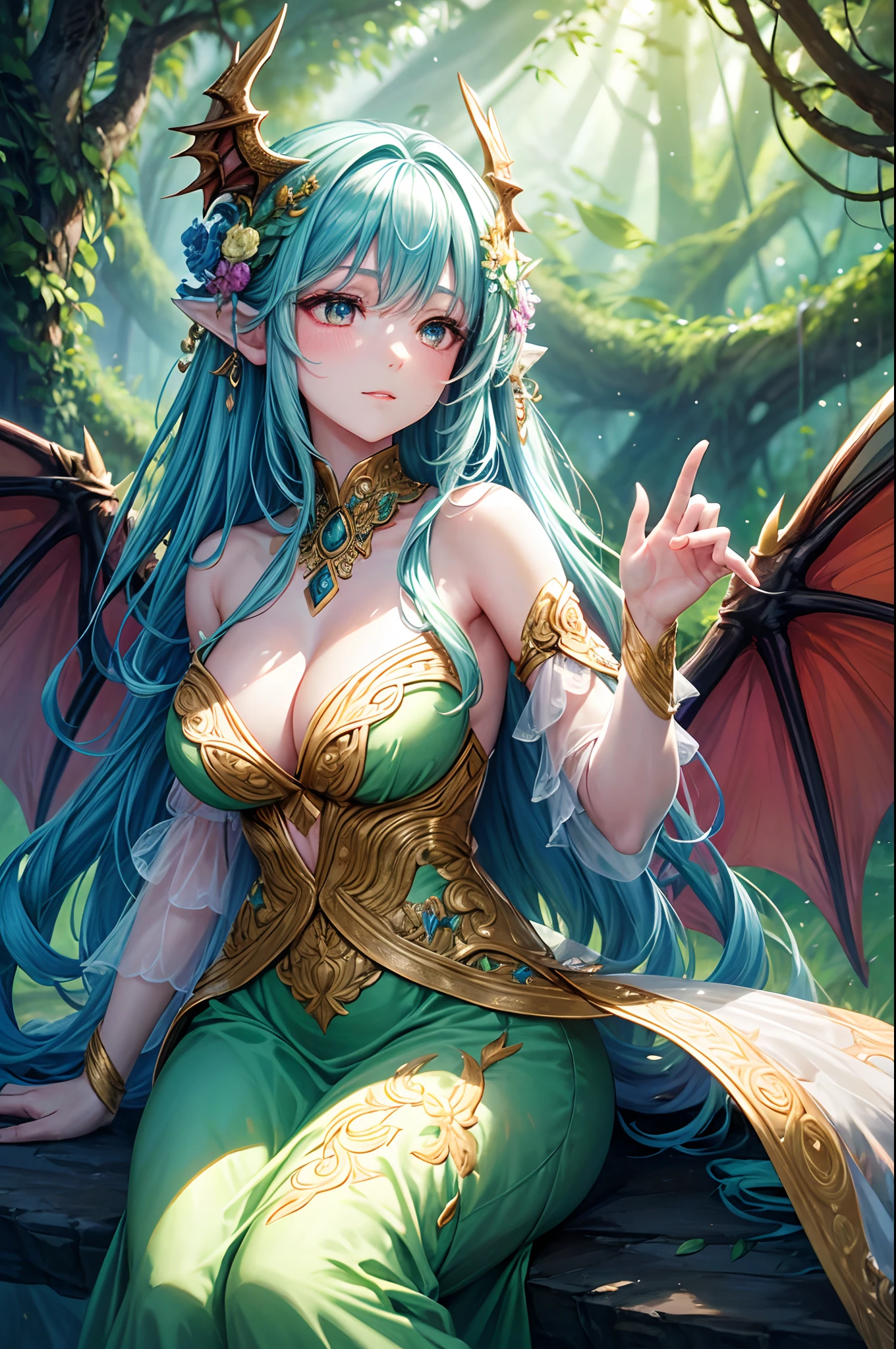 "Create an enchanting image featuring a woman adorned with the wings of a nature-themed dragon. Picture her in an ethereal ensemble — a flowing dress adorned with vibrant floral patterns, reflecting the essence of the natural world. The dragon wings, intricately designed with elements of leaves and vines, seamlessly merge with the beauty of the lush surroundings. The backdrop paints a serene scene, with a vibrant forest and blooming flowers providing a harmonious setting. An aura of soft, natural light envelops her, casting a gentle glow that accentuates the connection between the woman and the dragon's wings. Her hair, styled with floral accents, further enhances the natural theme. The woman's gaze conveys a sense of tranquility and connection with the environment, creating a composition that celebrates the magic of nature in a captivating, fantastical scenario."