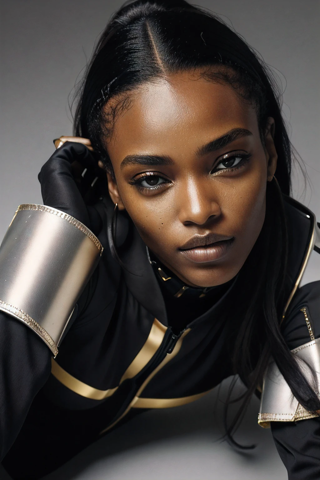 masterpiece, best quality, ultra-detailed, photography art, 8K photo, absurdres, fashion editorial, (cyberpunk futuristic:1.2), (futuristic clothing:1.4), futuristic aesthetic, (techwear fashion:1.2), amazing photo, beauty, supermodel, beautiful african female model, beautiful black woman, long hair, dark skin, (closeup, face focus:1.1), she is ((laying on the floor)), wearing gold clothing, (gold colors), high-tech garments, (tech clothing:1.3), tech acessories, (plain grey background:1.2)
