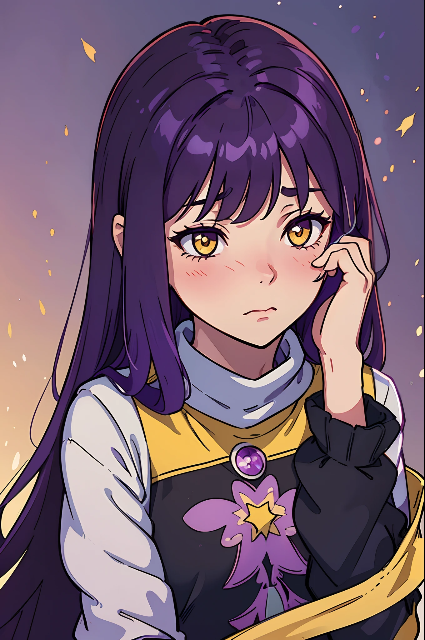 best quality, masterpiece, illustration:1.1), [[[1woman]]], ((Dark Purple hair)), yellow eyes, beautiful, perfect FACE , no background. ((Blushing face)). Close on face. (((((SHY)))))