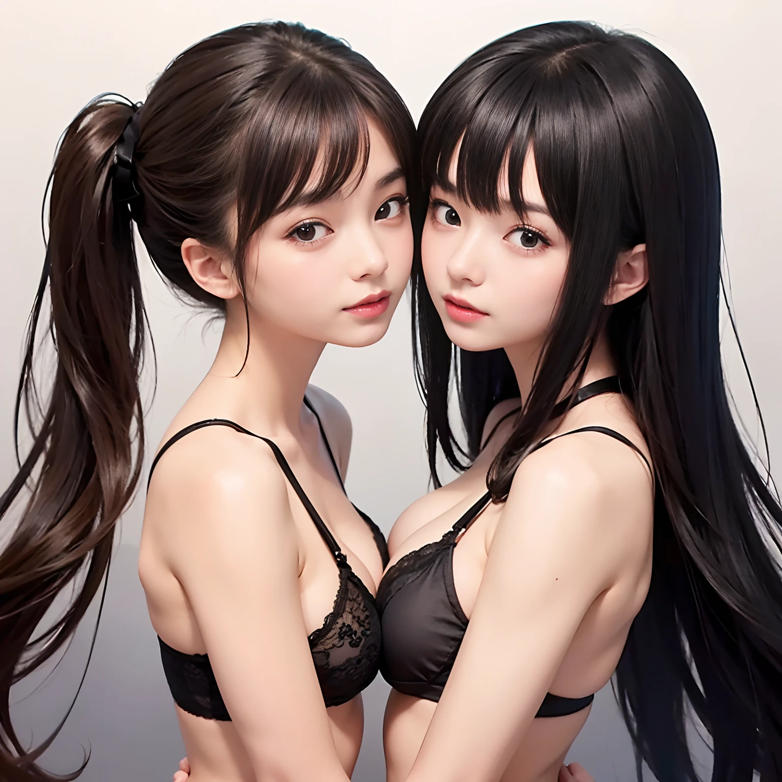 Two girls hugging and looking at each other,One has long black hair, Big breasts, And white lace underwear,One has short brown hair, Small breasts, and black lace underwear,tre anatomically correct,Accurately drawn face,Accurate Depiction Fingers,on the bed,​masterpiece,hiquality,