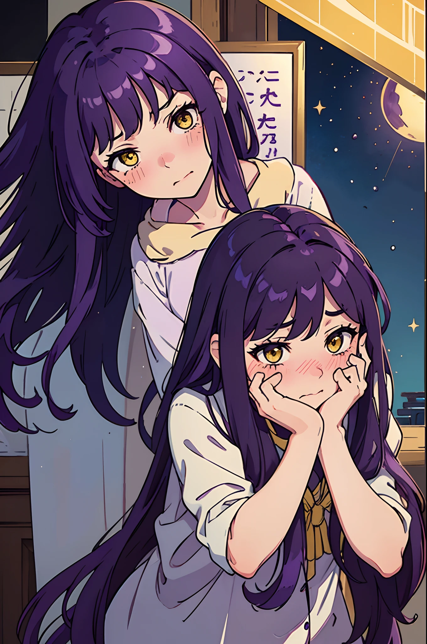 best quality, masterpiece, illustration:1.1), [[[1woman]]], ((Dark Purple hair)), yellow eyes, beautiful, perfect FACE , no background. ((Blushing face)). Close on face. (((((SHY)))))