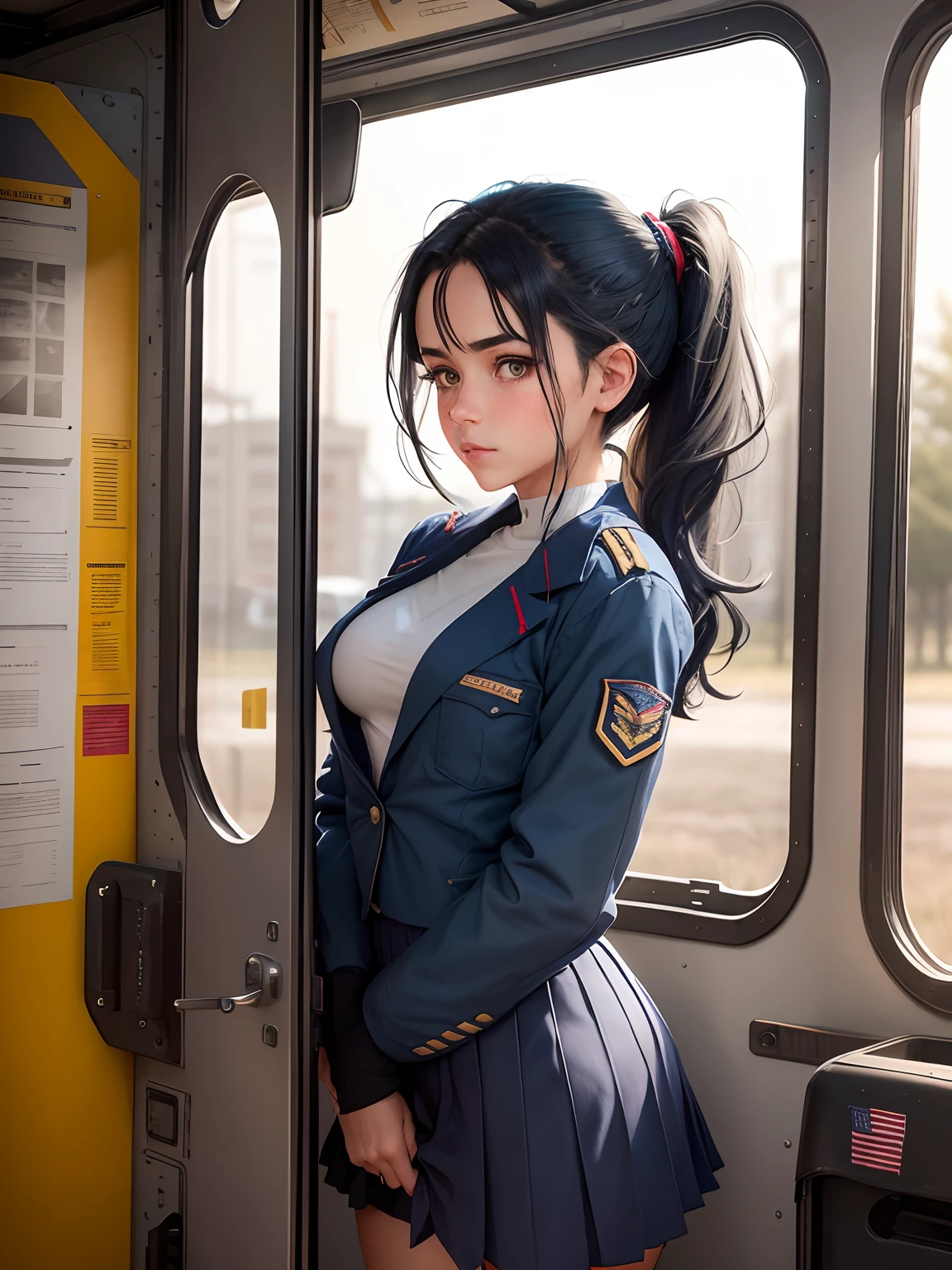 1girl in, Solo, Laura S. Alceid (long dark blue hair, Ponytail and side van, small tit), (Inspired by the trail of cold steel) In a school dress showing off her panties, In military schools, embarrassed