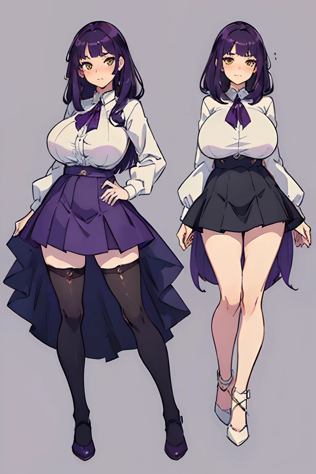 (((((NO BACKGROUND))))),best quality, masterpiece, illustration:1.1), [[[1woman]]], ((Dark Purple hair)), yellow eyes, Beautiful, perfect body, perfect proportions, full body, full body pose, no background. idle pose. ((Blushing face)). white shirt, black skirt,((Huge boobies))