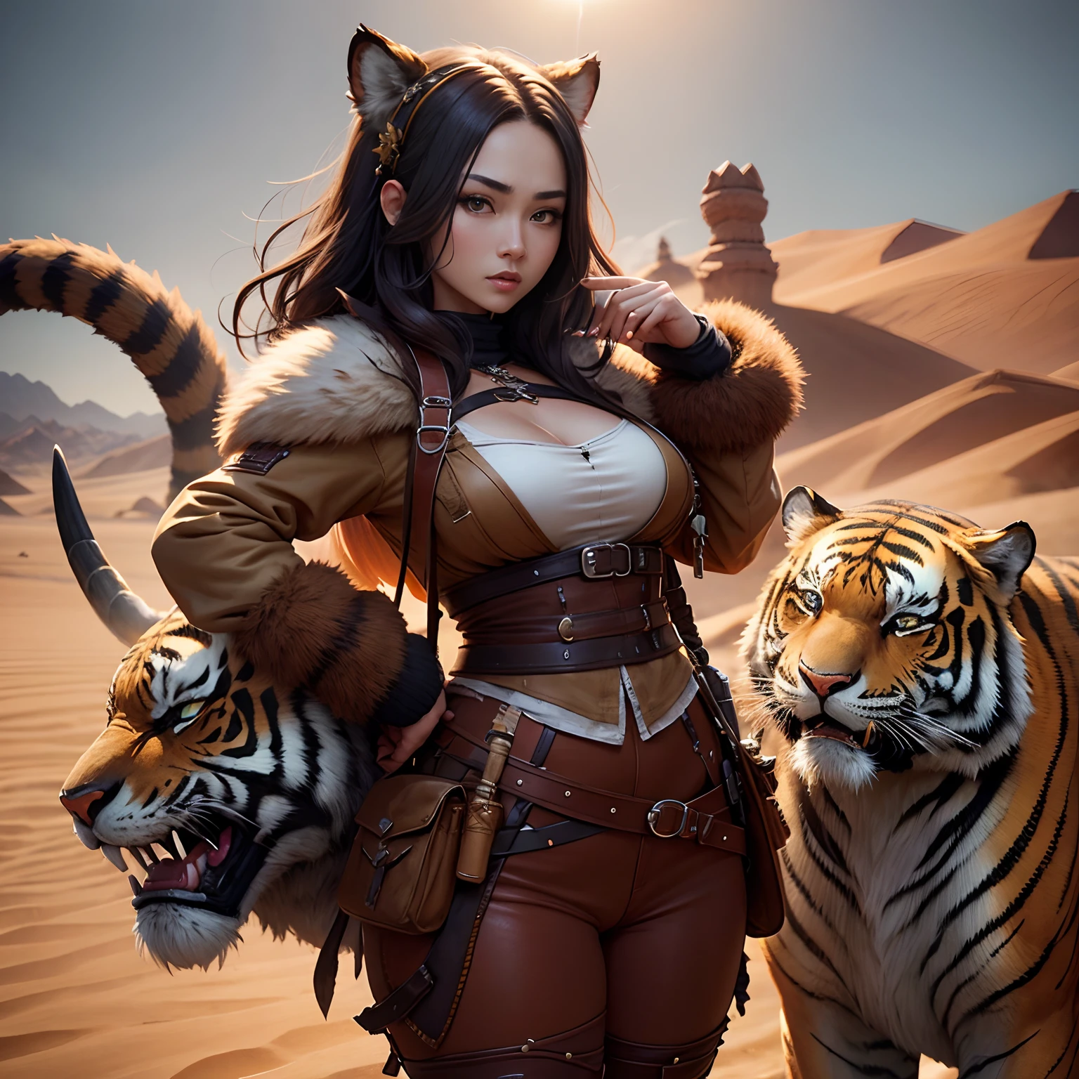 超A high resolution、An ultra-high picture quality、8K、Detailed details、marvelous expression、1 person woman、The big tiger monster is your buddy、Monster Hunter Character Costumes、Has a big weapon、Vast desert background、