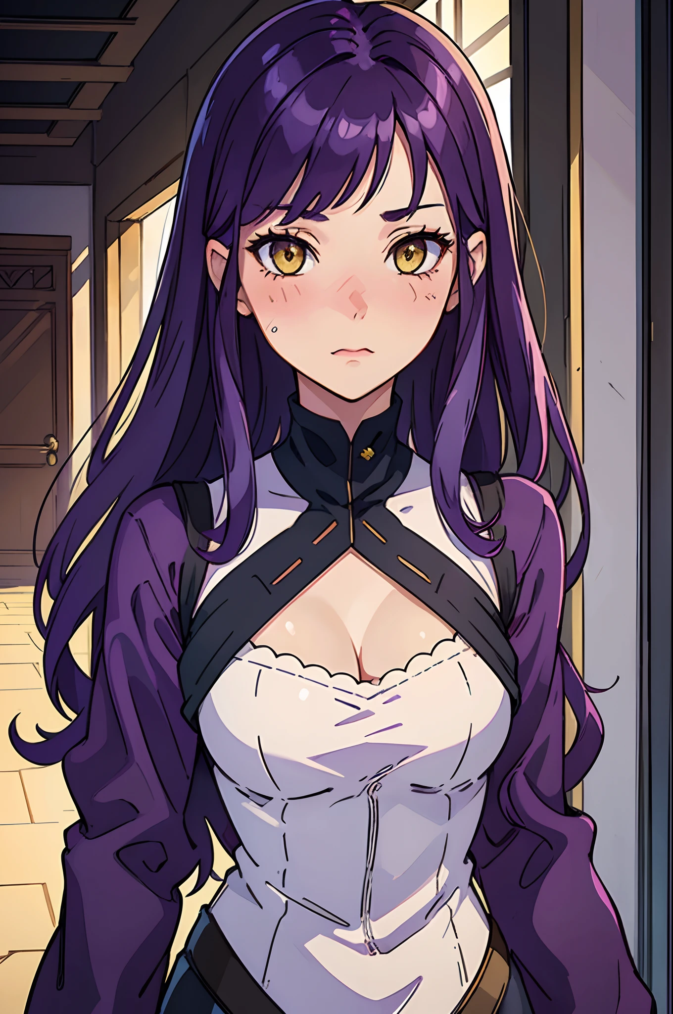 best quality, masterpiece, illustration:1.1), [[[1woman]]], ((Dark Purple hair)), yellow eyes, beautiful, perfect FACE , perfect proportions, no background. ((Blushing face)). Close on face.