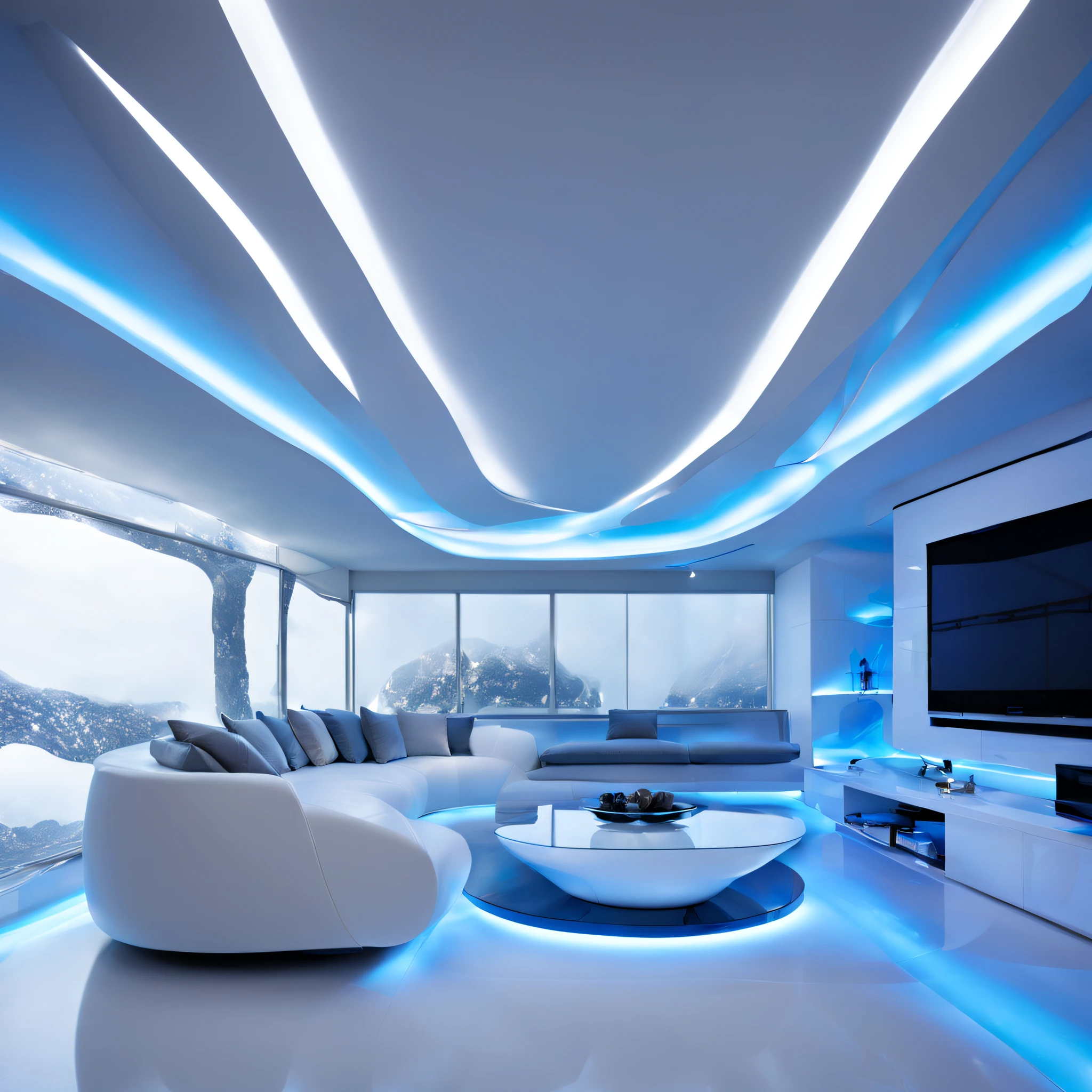 arafed ceiling with a glass panel and a white couch, futuristic dramatic lighting, futuristic looking living room, futuristic interior, futuristic room, futuristic decor, volumetric interior lighting, dramatic white and blue lighting, stunning volumetric lighting, glowing interior lighting, futuristic decoration, dramatic and dynamic lighting, white accent lighting, dramatic ambient lighting, award winning interior design, futuristic lighting