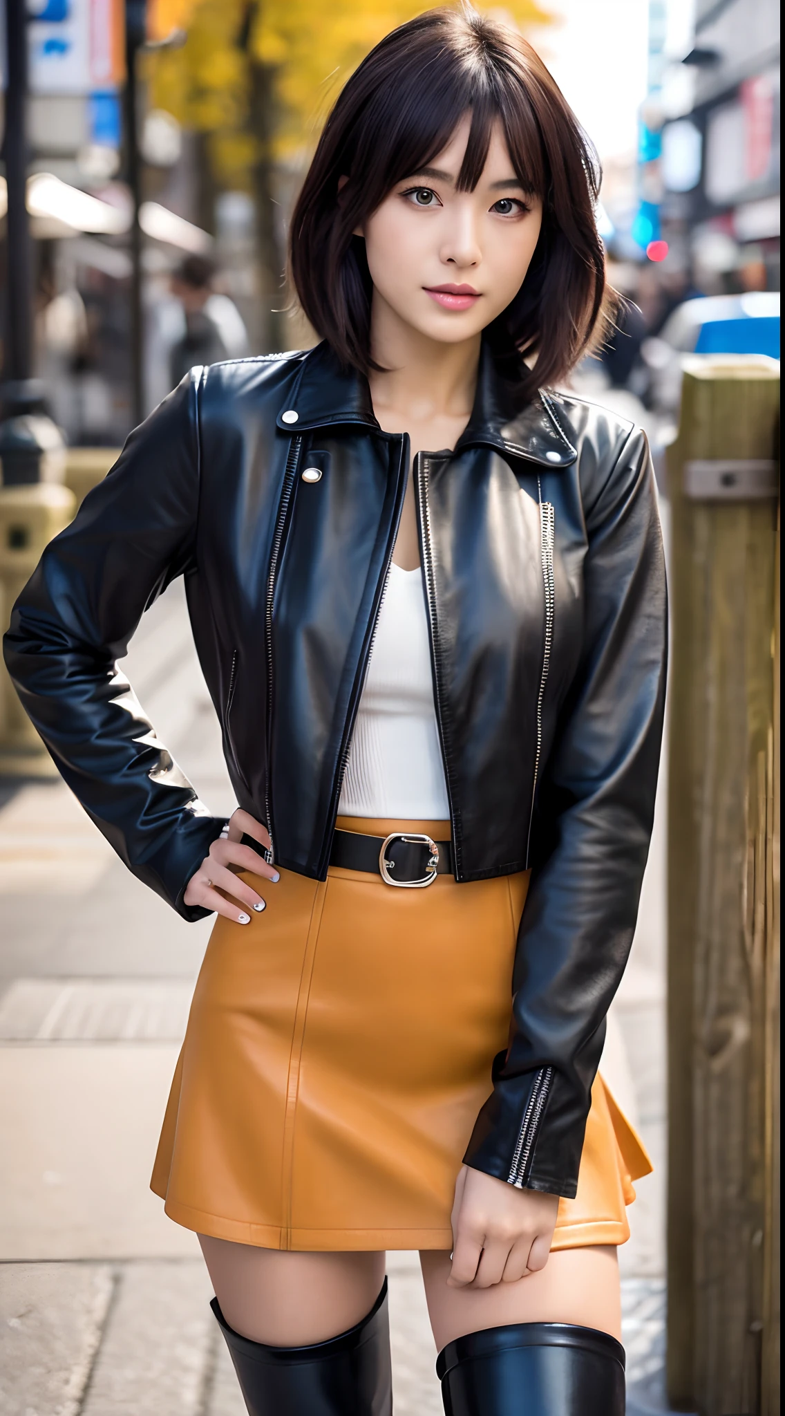 Best Quality, 8k, 32k, Masterpiece, UHD: 1.3), Attractive Japan Woman Pictures, One Girl, (full body : 1.0), Abs, Perfect Body, (leather jacket:1.0),(skirt:1.1),(boots:1.0),Ultra Detailed Face, Detailed Lips, Fine Eyes, Double Eyelids,short hair,Disheveled Hair,