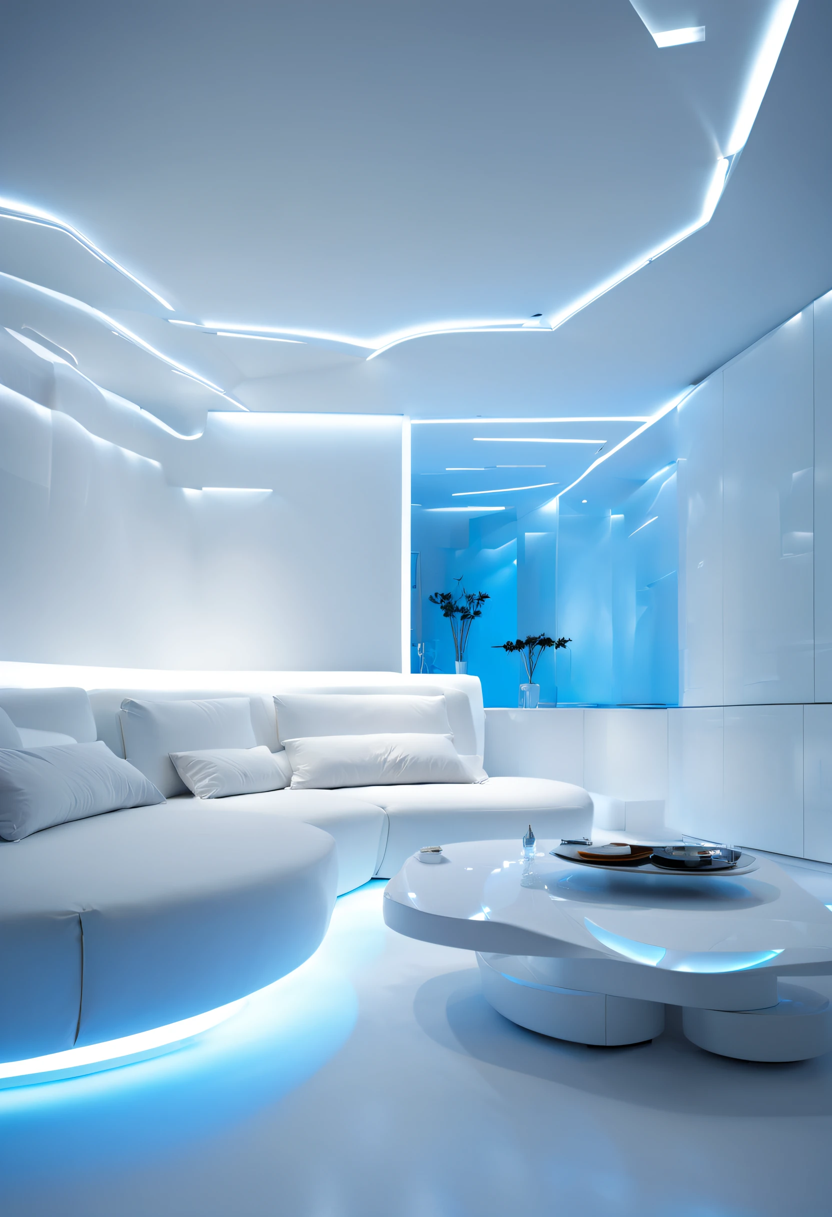 arafed ceiling with a glass panel and a white couch, futuristic dramatic lighting, futuristic looking living room, futuristic interior, futuristic room, futuristic decor, volumetric interior lighting, dramatic white and blue lighting, stunning volumetric lighting, glowing interior lighting, futuristic decoration, dramatic and dynamic lighting, white accent lighting, dramatic ambient lighting, award winning interior design, futuristic lighting