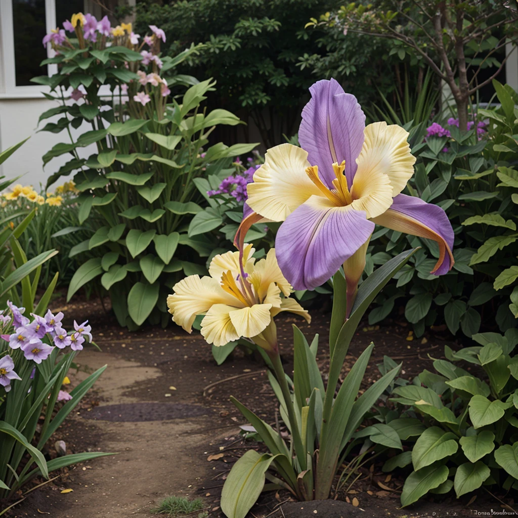 Beautiful purple and yellow iris flower in a garden