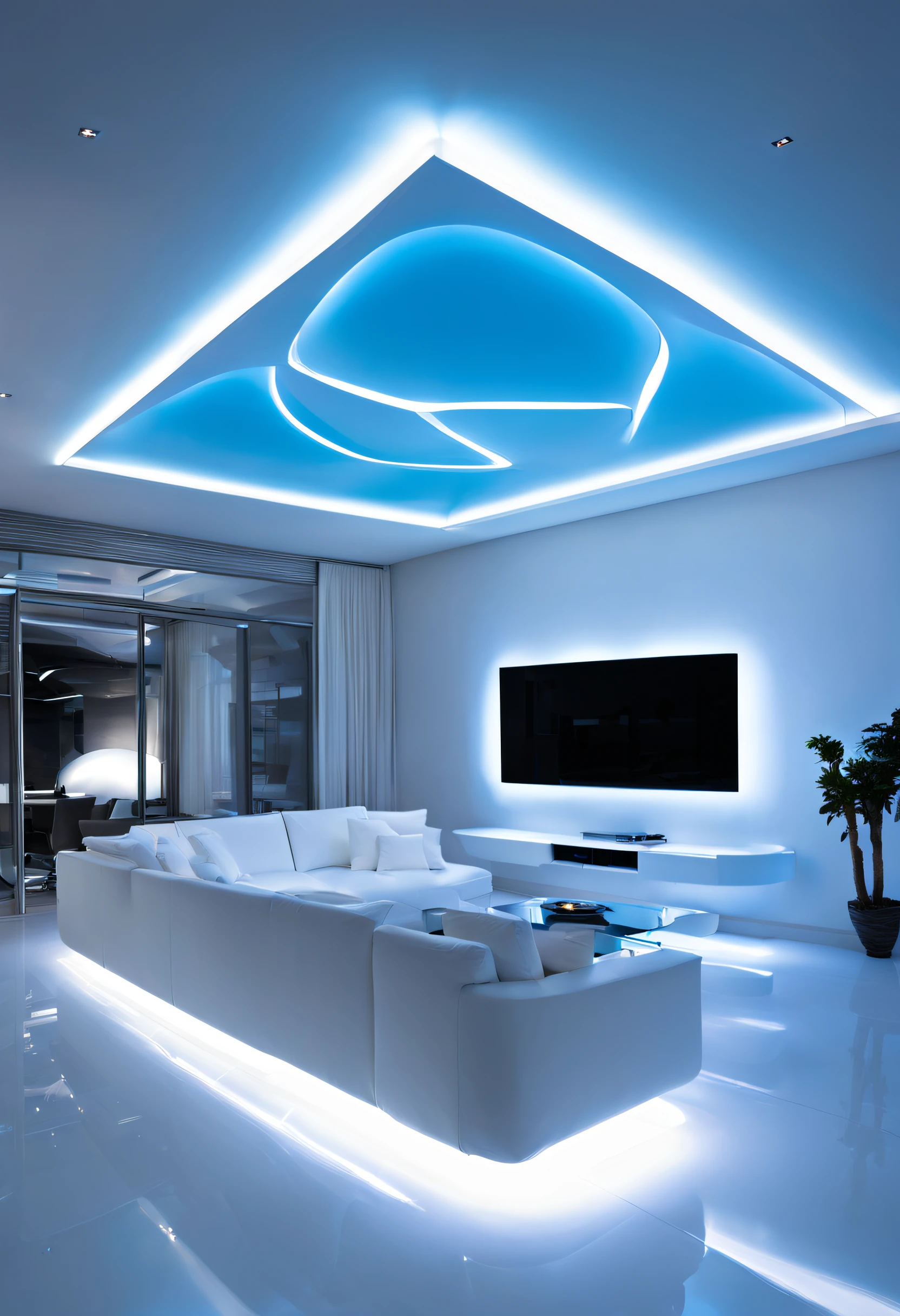 arafed ceiling with a glass panel and a white couch, futuristic dramatic lighting, futuristic looking living room, futuristic interior, futuristic room, futuristic decor, volumetric interior lighting, dramatic white and blue lighting, stunning volumetric lighting, glowing interior lighting, futuristic decoration, dramatic and dynamic lighting, white accent lighting, dramatic ambient lighting, award winning interior design, futuristic lighting