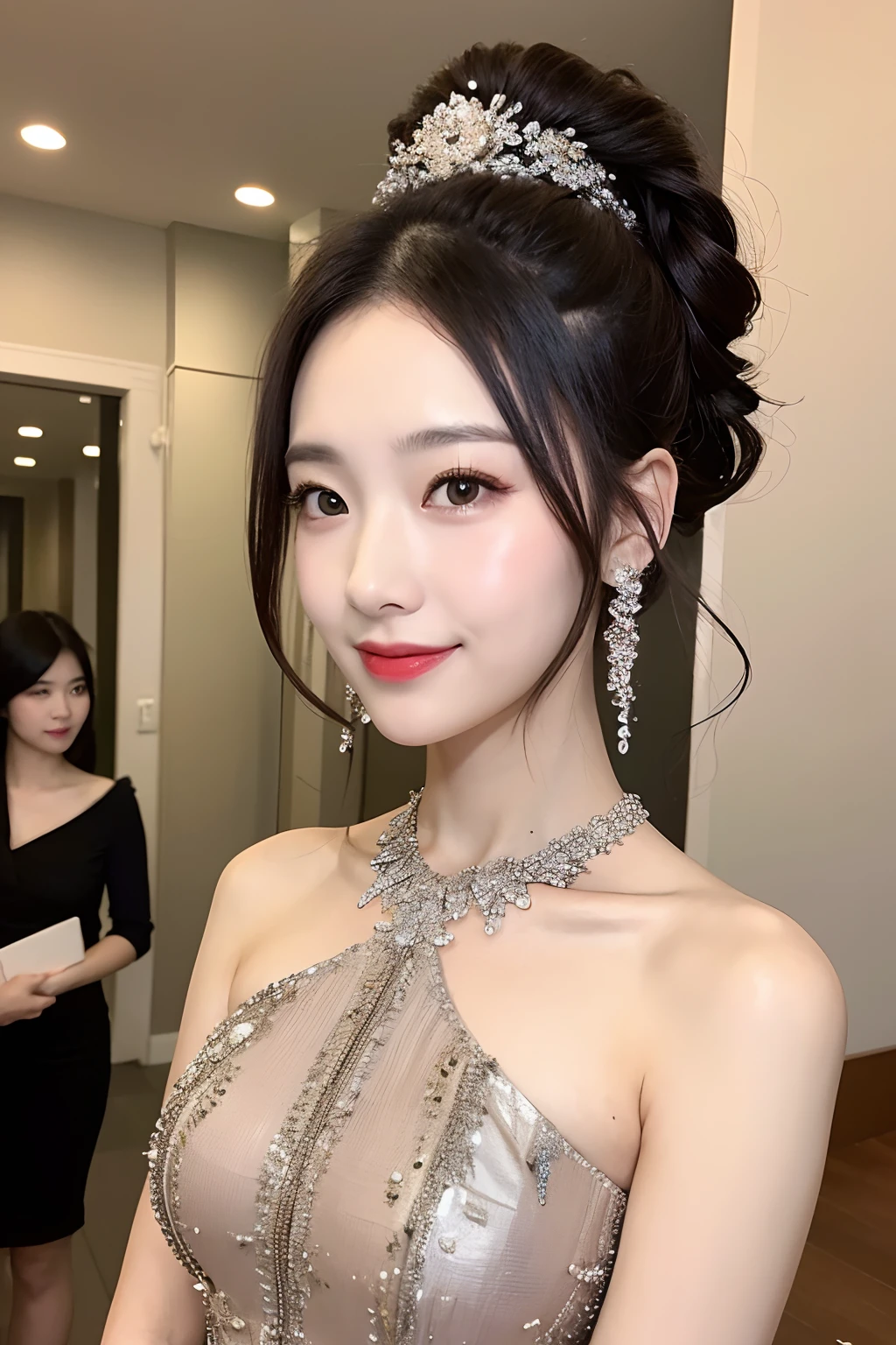 (extra detailed body、extra detailed face、best qualtiy:1.2)、femele、looking at the viewers、Worldview along the way、Upstyle hairstyles、Party Dress Outfit、a smile、Fancy accessories、Mojiko Retro in the background