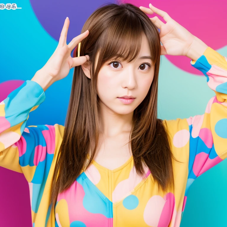 masutepiece, Highest Quality, SFW, Colorful, 1girl in, Solo, Nishino Nanase, fullnude,barechested,ahe face,double peace,Brown hair, Brown eyes, Long hair, hair tubes, Burst milk the same, Abstract background, Blue background, Pink background, Yellow background, Polka dot background, (half tone)