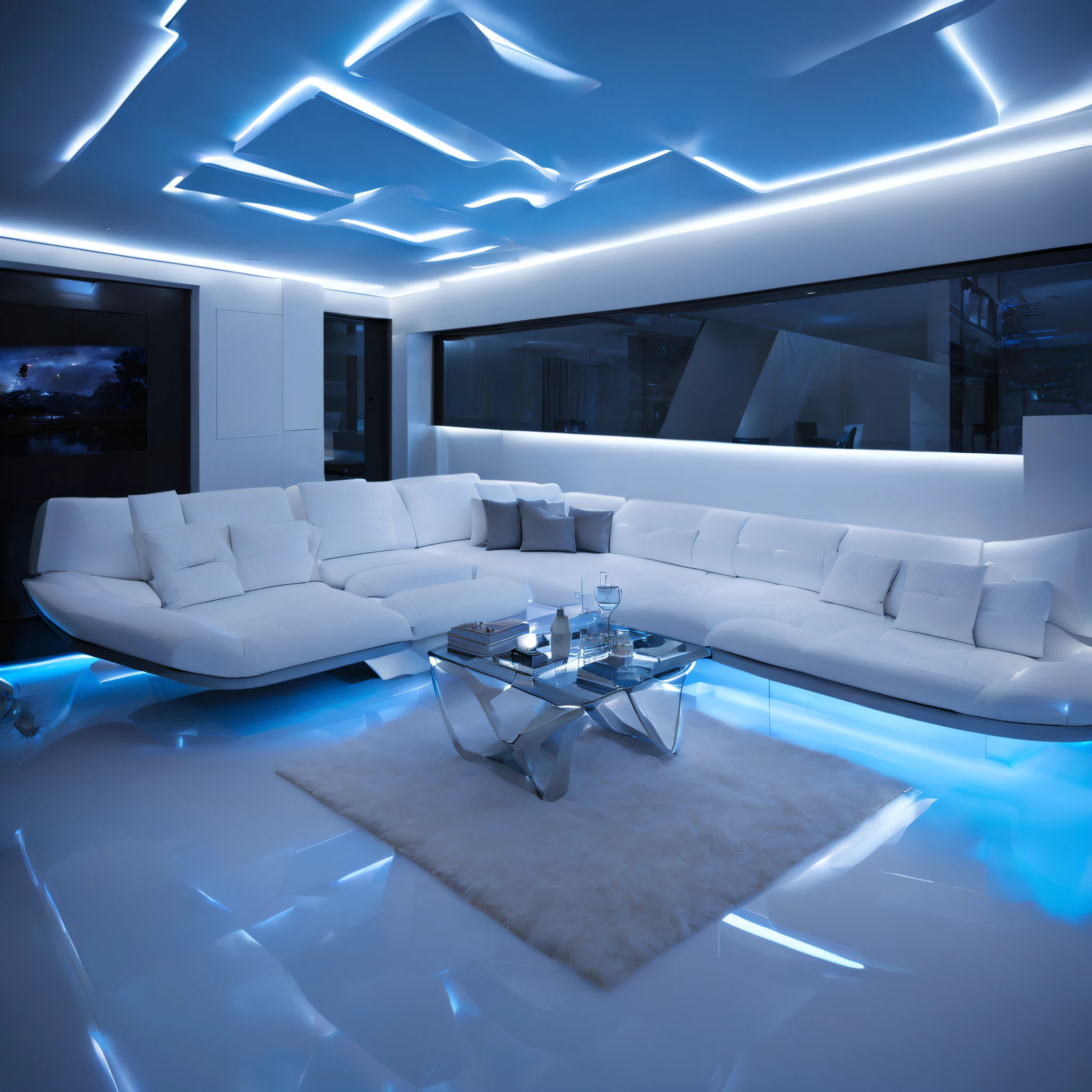 arafed ceiling with a glass panel and a white couch, futuristic dramatic lighting, futuristic looking living room, futuristic interior, futuristic room, futuristic decor, volumetric interior lighting, dramatic white and blue lighting, stunning volumetric lighting, glowing interior lighting, futuristic decoration, dramatic and dynamic lighting, white accent lighting, dramatic ambient lighting, award winning interior design, futuristic lighting