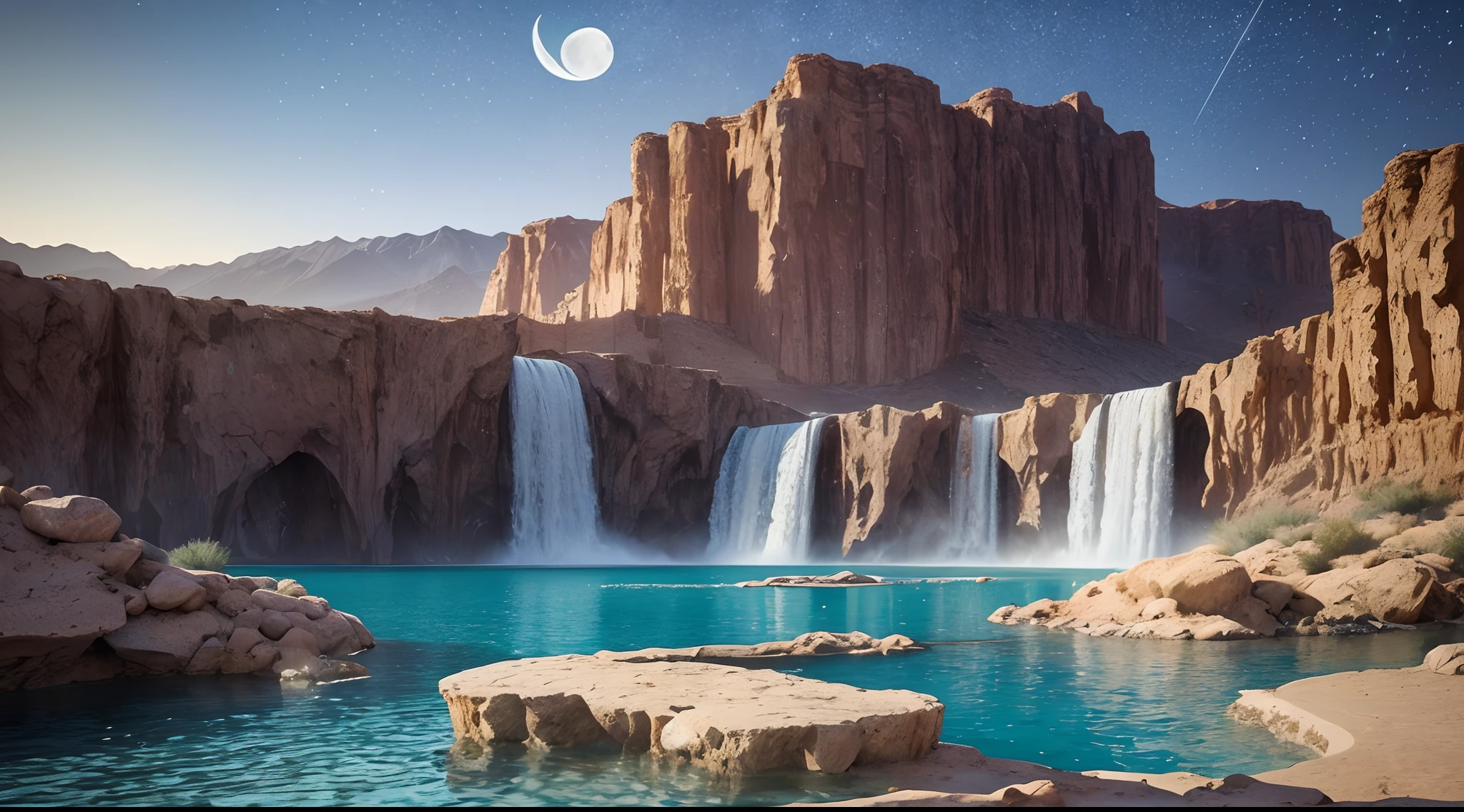 National Geographic style picture, Award winning,(best detailed: 1.5), epic sized waterfall in the desert at night, an (epic sized waterfall: 1.3), water coming down from a desert cliff, water cascading into a large lake that, (moon and stars reflected in the lake: 1.4), you can see the water hitting the pool, drops of water splashing around, desert cliffs background, photorealistic, 16k, RAW, award winning, (best detailed: 1.5), masterpiece, best quality, (best detailed: 1.3), ultra wide shot.