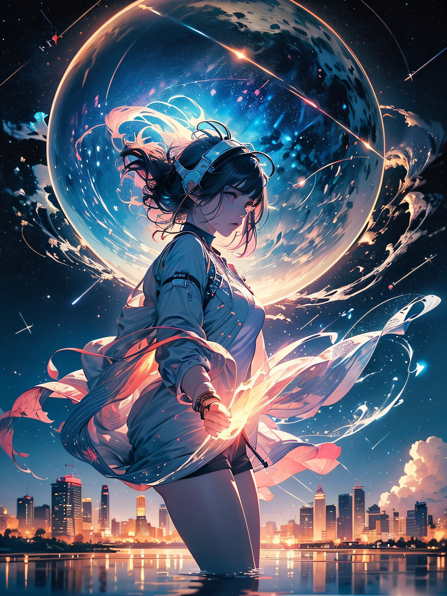 Astronaut girl in profile floating in space, full body, heterochromia eyes, (((on head protection you can see perfect reflections of the stars))), neon nebulas, planet Earth in the distant background, empty, stars, {wallpaper of extremely detailed 16k CG unit}, expansive landscape photography, (a low view focusing on the character and setting), (wide open field view), (low angle shot), (high light: 1.2), (low light: 1.8), (warm light source: 1.2), complex details, (iridescent colors: 1.5), (bright lighting), (atmospheric lighting), dreamy, unique,