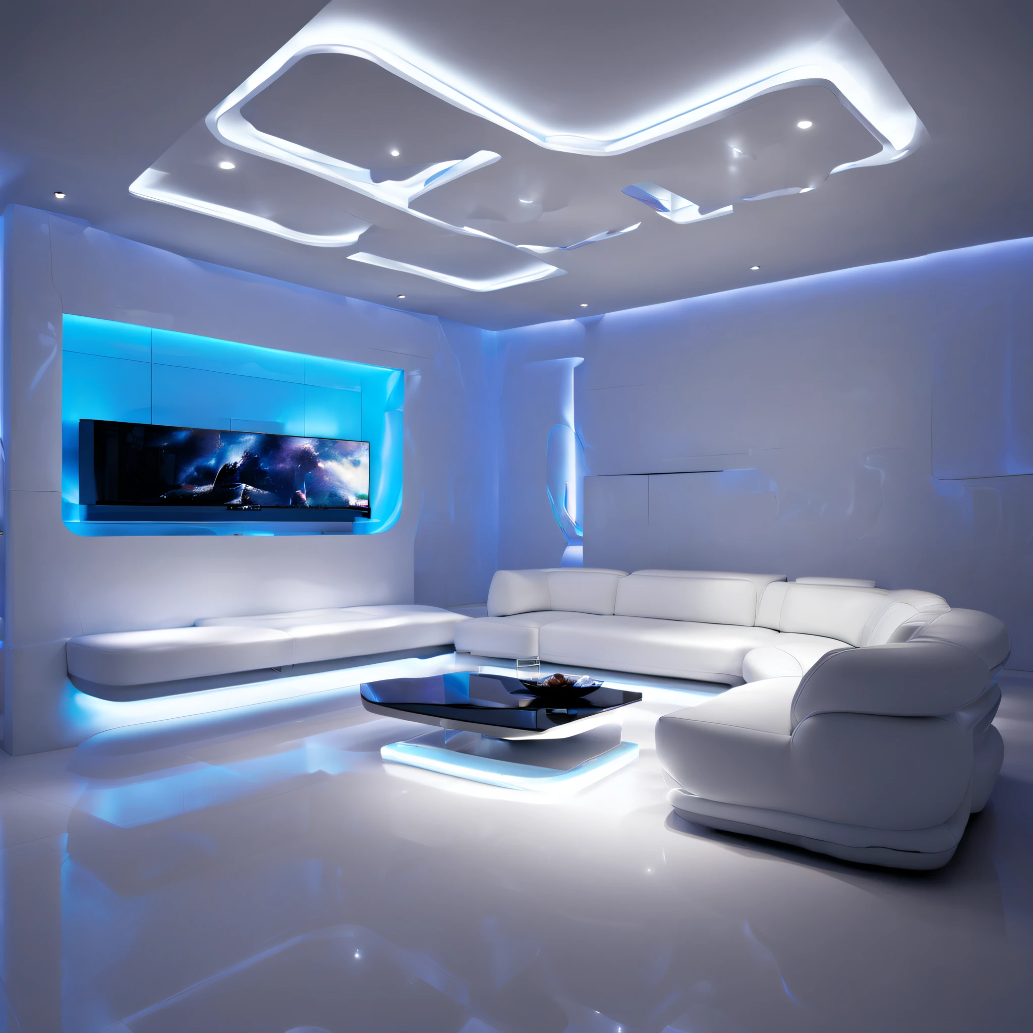 arafed ceiling with a glass panel and a white couch, futuristic dramatic lighting, futuristic looking living room, futuristic interior, futuristic room, futuristic decor, volumetric interior lighting, dramatic white and blue lighting, stunning volumetric lighting, glowing interior lighting, futuristic decoration, dramatic and dynamic lighting, white accent lighting, dramatic ambient lighting, award winning interior design, futuristic lighting