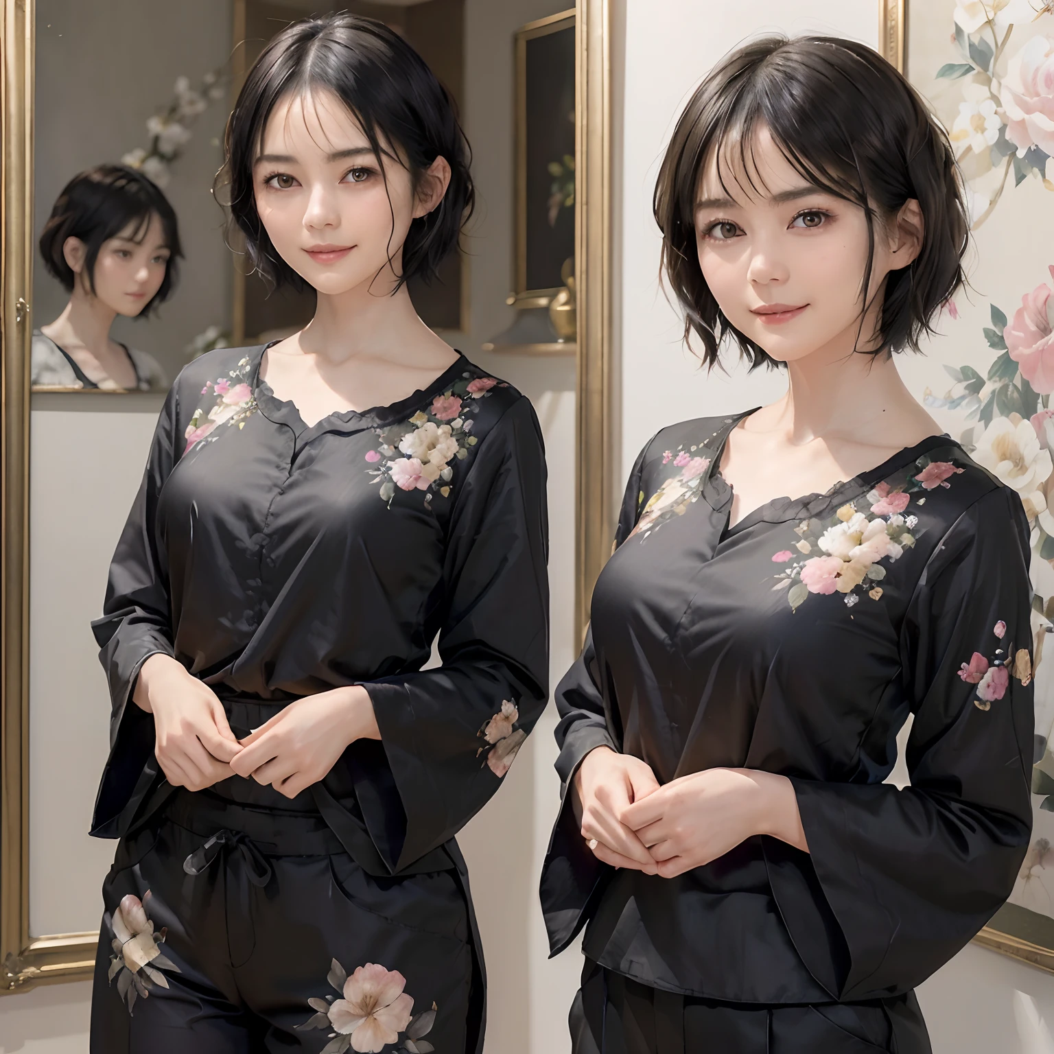 93
(a 20 yo woman,is standing), (A hyper-realistic), (masutepiece), ((short-hair:1.46)), (Smooth black hair), wear long pants, (Wearing a long-sleeved shirt with a floral print), (painterly、picture frame), (Gentle smile), (Keep your mouth shut)