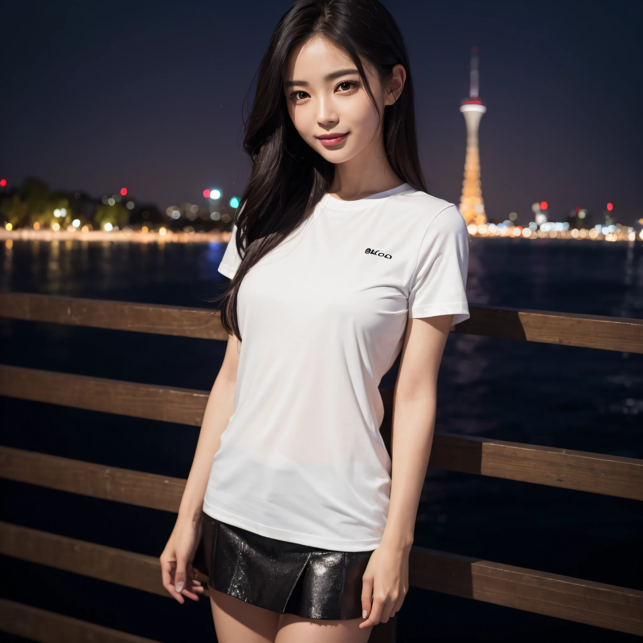 One lady、((best qualtiy、8k masterpieces:1.3))、foco nítido:1.2、(ultra beautiful faces:1.0)、(shinny skin:1.0)、photos realistic、A dark-haired、Video Lighting、High-definition eyes and face、Video Lighting、Japanese cute actress)、from the front side、medium breasts、Smile、Slender Abs Beauty、Whole body、wearing t-shirts、At the Sky Tree at Night
