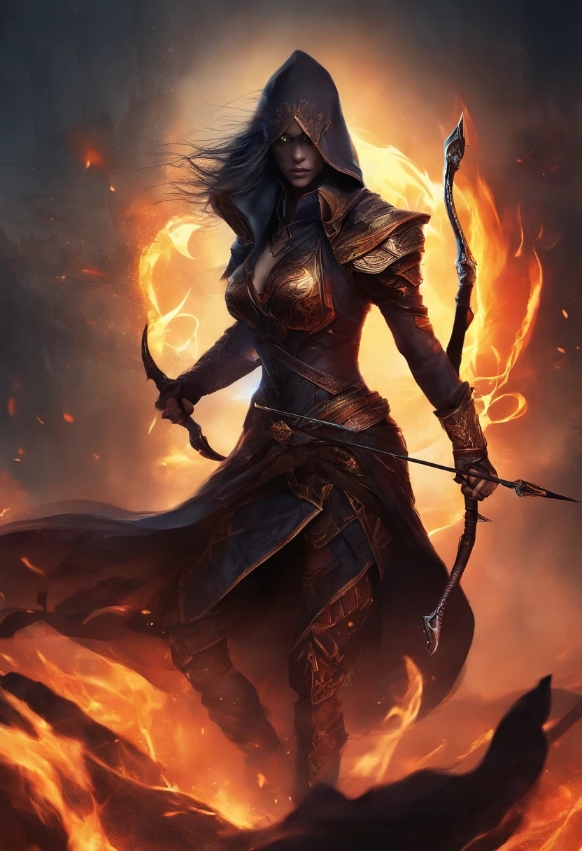 Envision a malevolent character in stark contrast to the ethos of Assassin's Creed. Picture this antagonist with piercing, glowing eyes that radiate an otherworldly malevolence. Dive into micro-details, highlighting sinister facial features and a malevolent grin that adds an eerie aura.

Imagine the character holding an archery bow, emphasizing the duality of skill and darkness. Capture the bow with meticulous detail, from the wickedly designed arrows to the malevolent energy emanating from the weapon.

Set the scene at night, shrouded in an eerie mood. Integrate a background of black smoke and fire, creating a chaotic yet captivating atmosphere. Illuminate the character with a subtle, unnatural light that enhances the ominous glow of their eyes.

Consider the play of shadows, using the night setting to accentuate the villain's menacing silhouette. Infuse the composition with an air of mystique, portraying the antagonist as a formidable force embodying the opposite of the noble Assassin's Creed character.

This detailed prompt aims to inspire a micro-detailed and visually striking depiction of an evil character with glowing eyes, wielding an archery bow, set against a backdrop of black smoke and fire in a night shot, creating a chilling and ominous atmosphere.