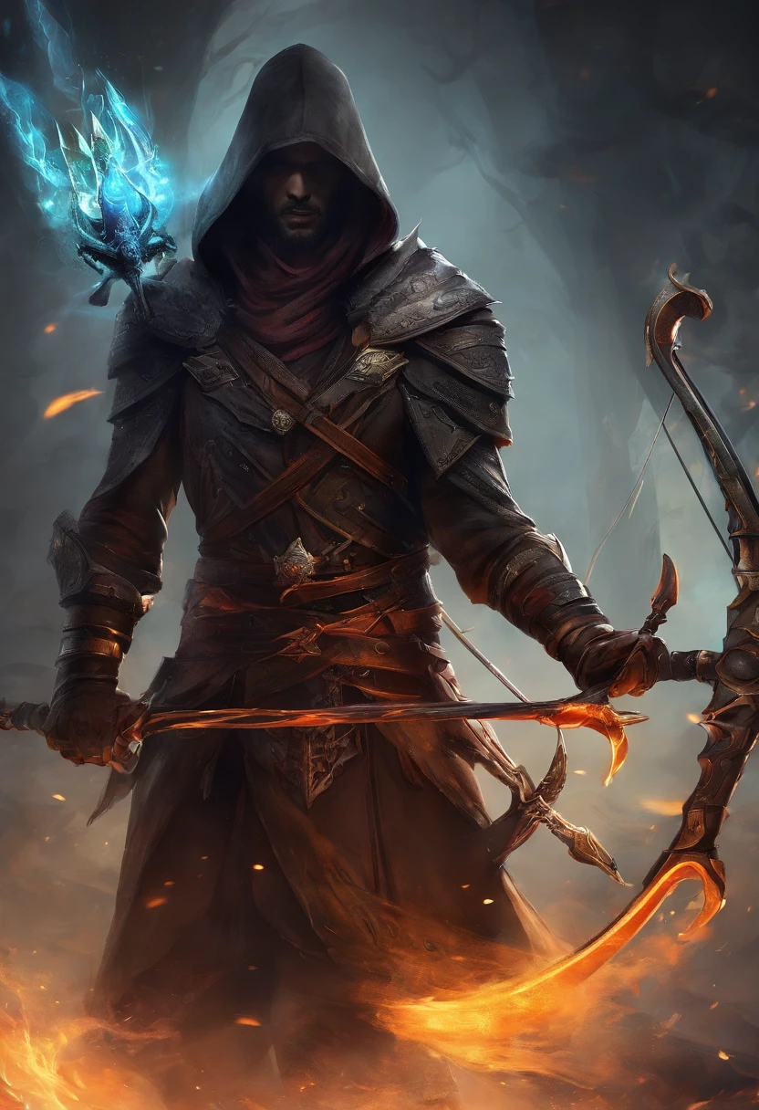 Envision a malevolent character in stark contrast to the ethos of Assassin's Creed. Picture this antagonist with piercing, glowing eyes that radiate an otherworldly malevolence. Dive into micro-details, highlighting sinister facial features and a malevolent grin that adds an eerie aura.

Imagine the character holding an archery bow, emphasizing the duality of skill and darkness. Capture the bow with meticulous detail, from the wickedly designed arrows to the malevolent energy emanating from the weapon.

Set the scene at night, shrouded in an eerie mood. Integrate a background of black smoke and fire, creating a chaotic yet captivating atmosphere. Illuminate the character with a subtle, unnatural light that enhances the ominous glow of their eyes.

Consider the play of shadows, using the night setting to accentuate the villain's menacing silhouette. Infuse the composition with an air of mystique, portraying the antagonist as a formidable force embodying the opposite of the noble Assassin's Creed character.

This detailed prompt aims to inspire a micro-detailed and visually striking depiction of an evil character with glowing eyes, wielding an archery bow, set against a backdrop of black smoke and fire in a night shot, creating a chilling and ominous atmosphere.