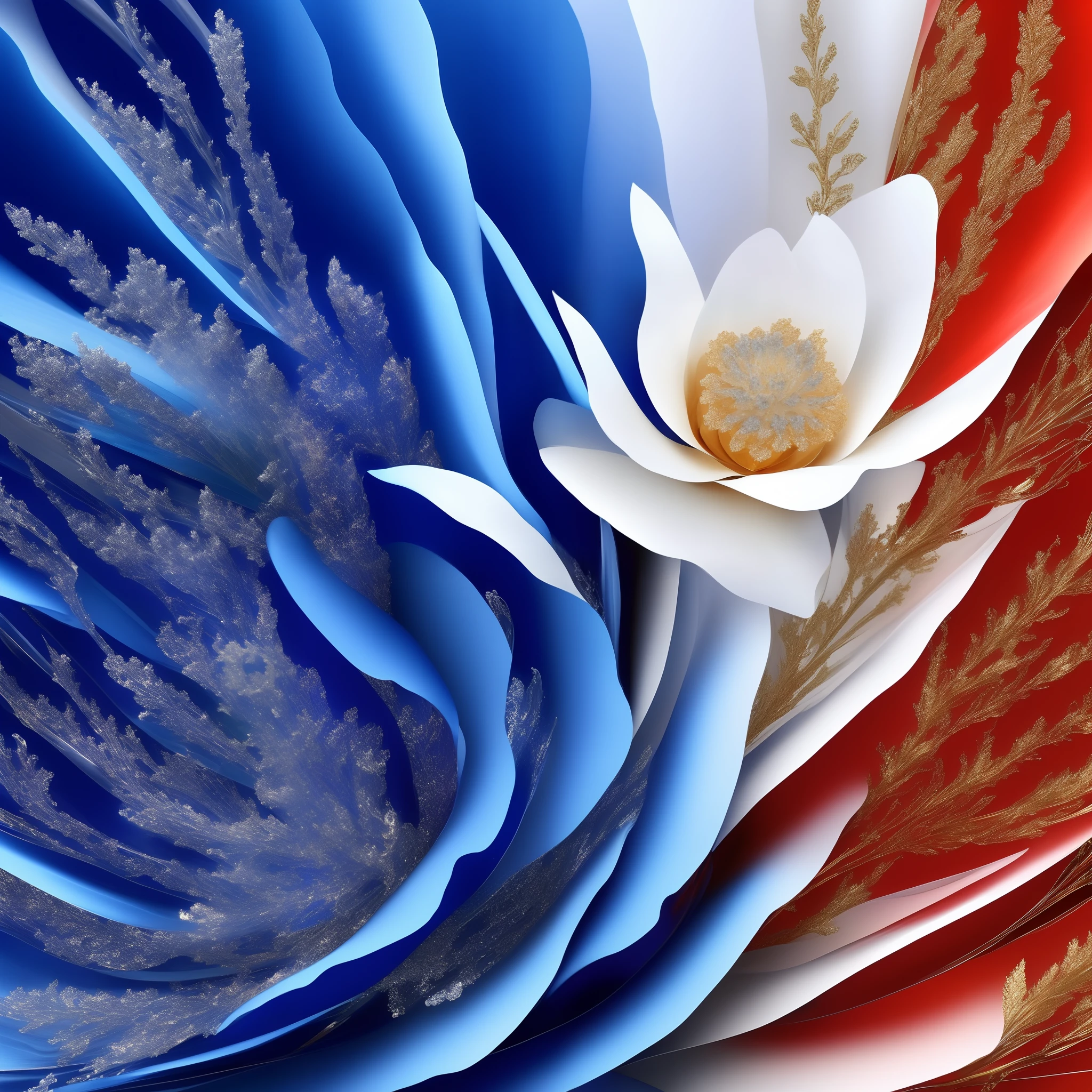 uma flor multi elementar, Flores elementais, cores vibrantes, fundo preto, reslista, 16k, cannon, cor vermelha, azul claro, branco, ouro envelhecido