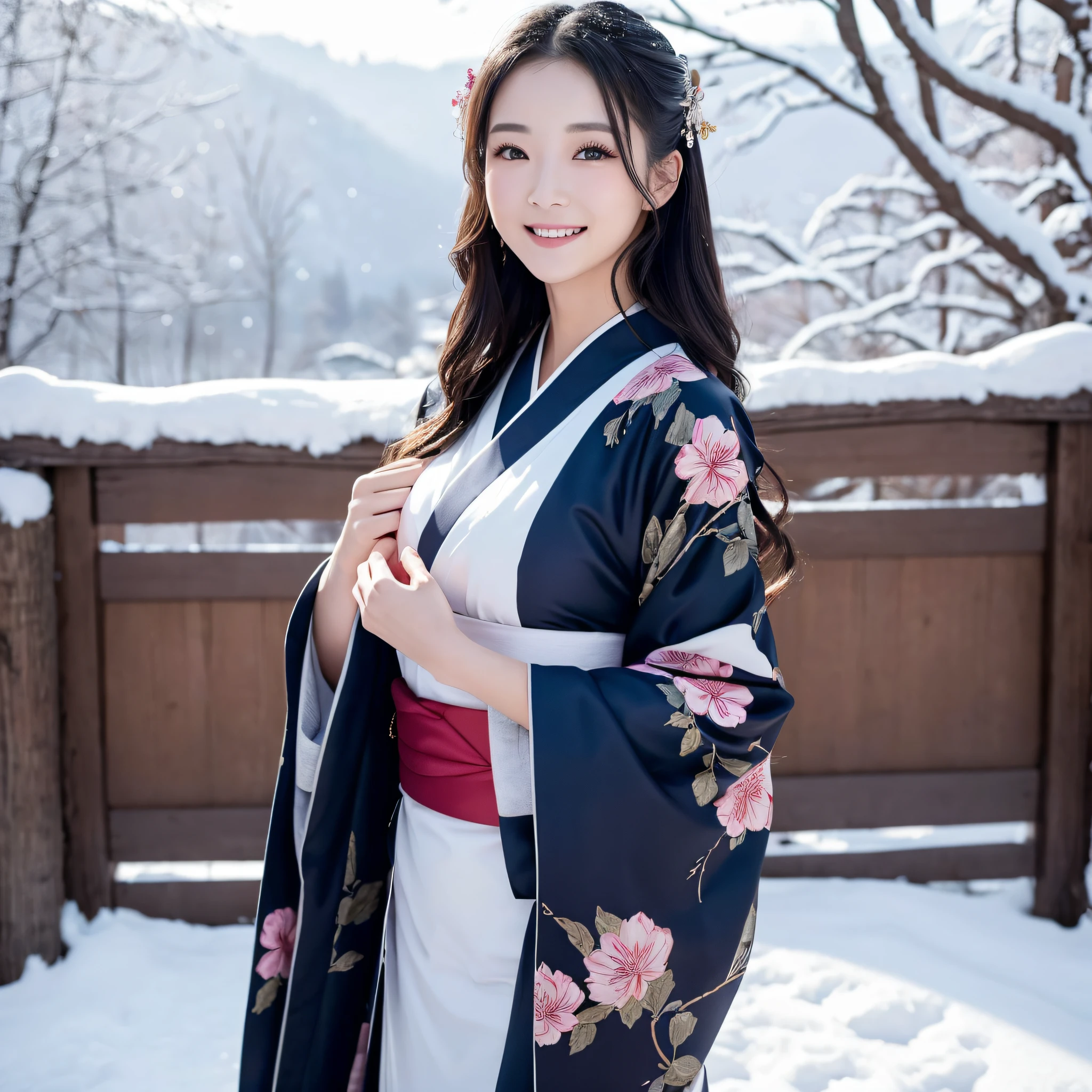 (Super beautiful woman in kimono)、((best qualtiy、8k masterpieces:1.3))、foco nítido:1.2、(ultra beautiful faces:1.0)、(shinny skin:1.0)、photos realistic、A dark-haired、Video Lighting、High-definition eyes and face、Video Lighting、Japanese actressl、from the front side、medium breasts、With a happy smile、Slender Abs Beauty、Whole body、wearing kimonos、In a snowy landscape in the middle of winter