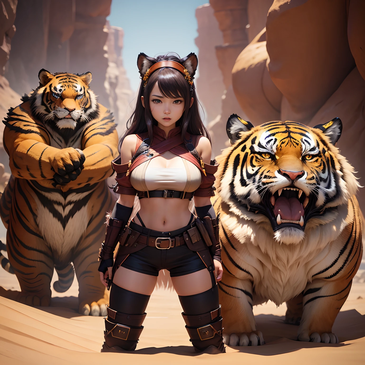 超A high resolution、An ultra-high picture quality、8K、Detailed details、marvelous expression、1 person woman、The big tiger monster is your buddy、Monster Hunter Character Costumes、Has a big weapon、Vast desert background、