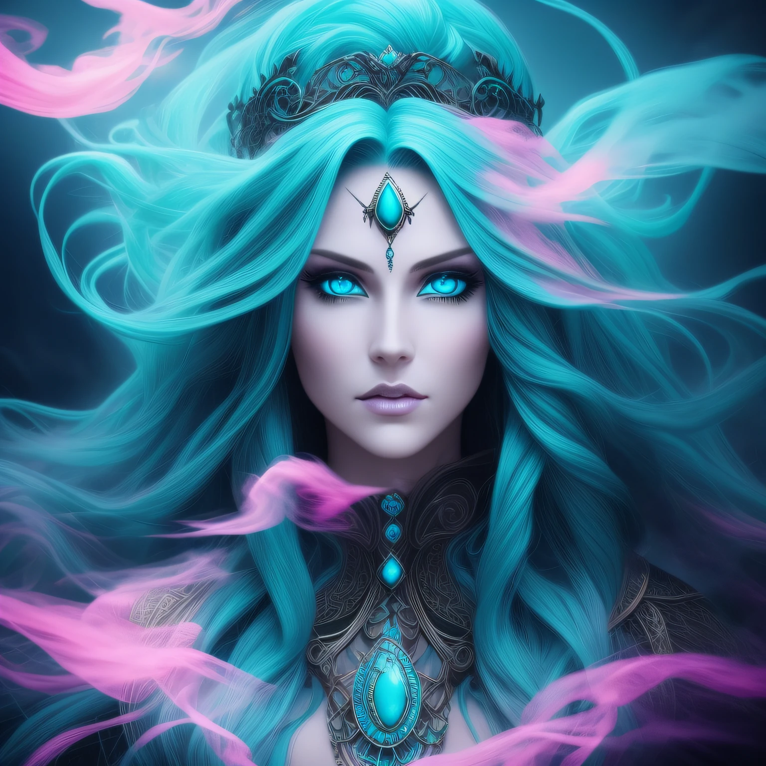 masterpiece, beautiful witch with long turquoise hair, wanting a kiss, Ultra Detailed, pink smoke swirls around her, intricate and beautiful design, highly detailed face, mesmerizing blue eyes, dark fantasy, dramatic lighting, cinematic lighting, ultra-realistic, highest quality, super detail
