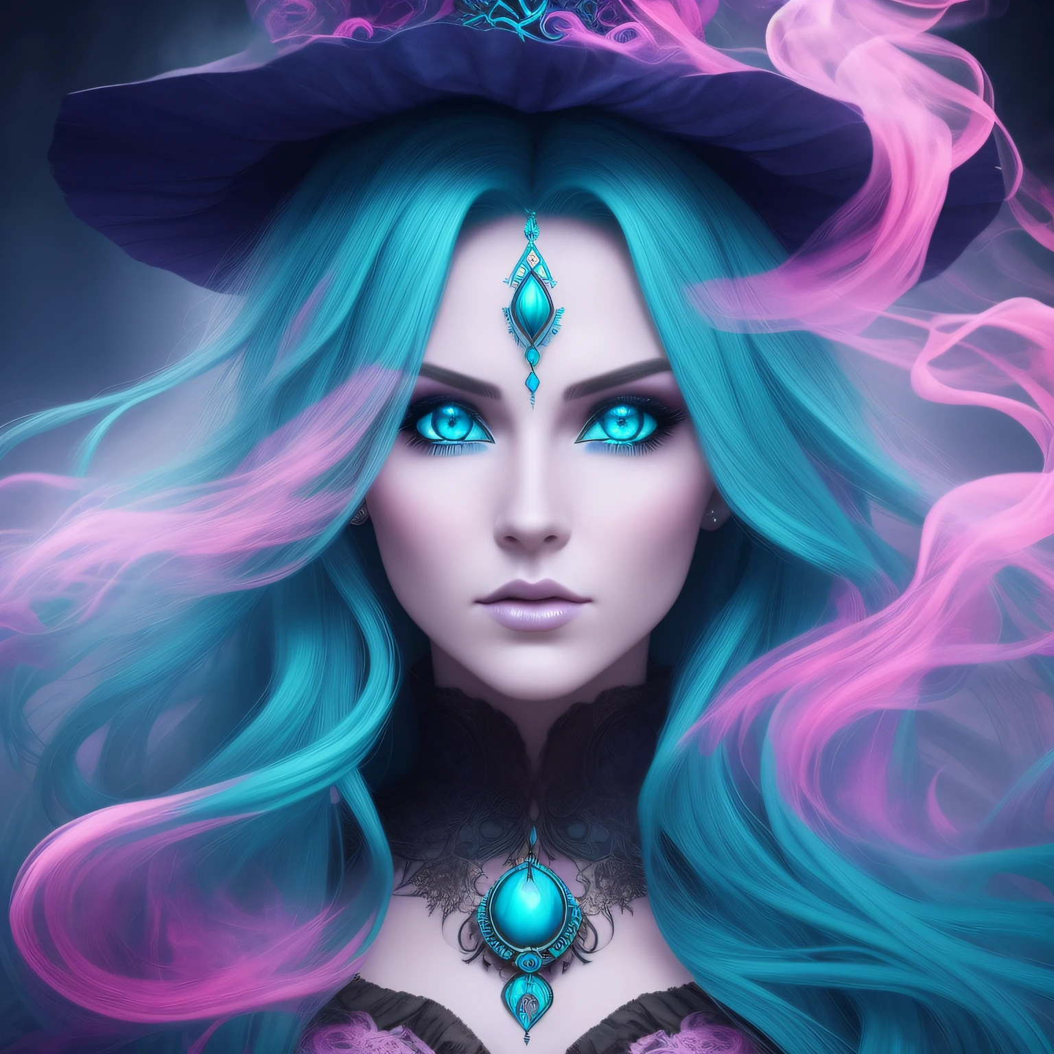 masterpiece, beautiful witch with long turquoise hair, wanting a kiss, Ultra Detailed, pink smoke swirls around her, intricate and beautiful design, highly detailed face, mesmerizing blue eyes, dark fantasy, dramatic lighting, cinematic lighting, ultra-realistic, highest quality, super detail