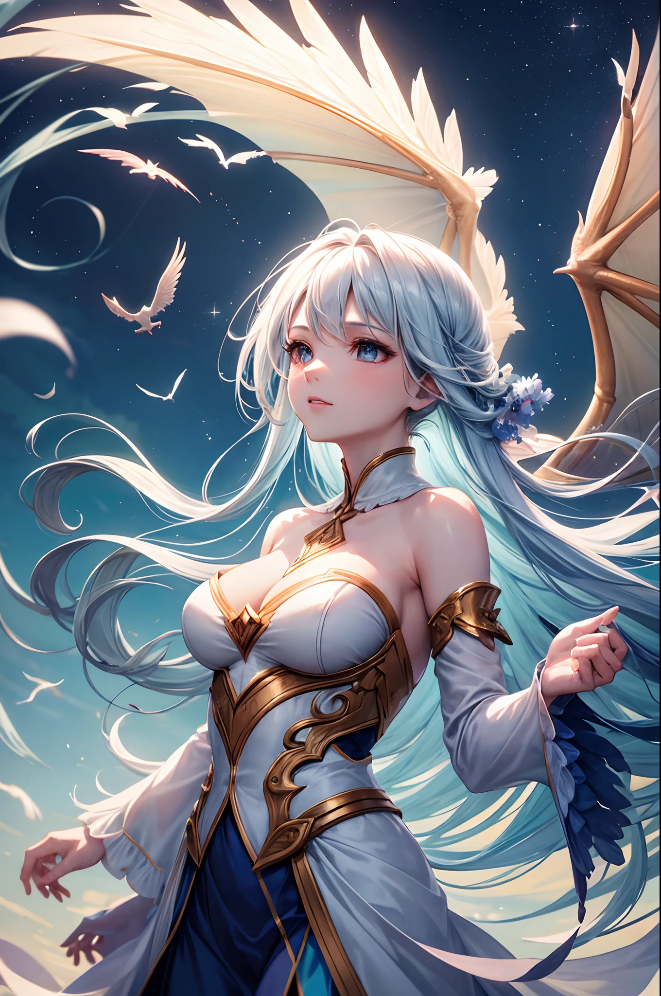 "Craft a mesmerizing image featuring a woman graced with the majestic wings of an air-themed dragon. Envision her attire as light and airy, reflecting the essence of wind and sky. The dragon wings, with feathers reminiscent of clouds, soar gracefully behind her. Set against a backdrop of open skies, her surroundings echo the freedom and vastness of the atmosphere. Subtle breezes play with her hair, adding a touch of movement to the scene. The lighting captures the ethereal quality of the moment, with a soft, natural glow that enhances the connection between the woman and the dragon's wings. Her expression exudes a sense of weightless serenity, creating an image that celebrates the boundless beauty of the air element in a captivating and dreamlike composition."
