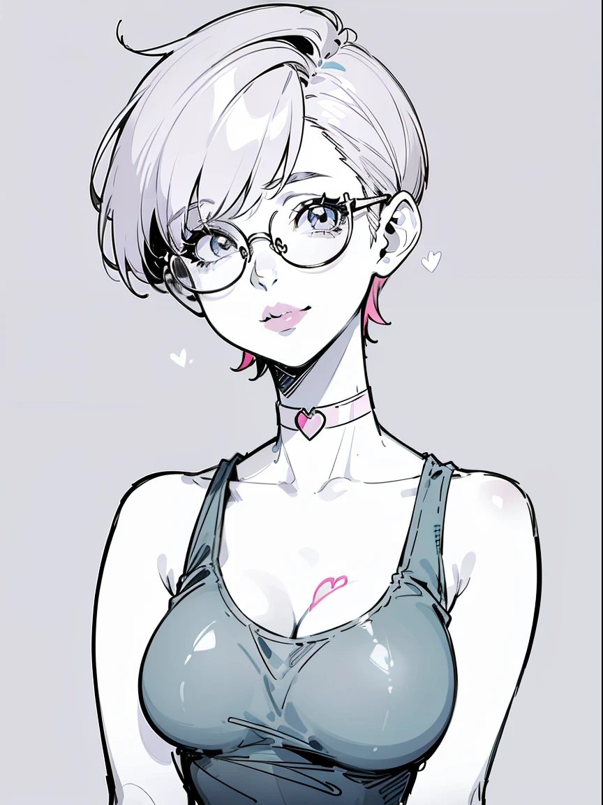 {4k image}, 1 Beautiful woman, 24 years old, short pink hair (pixie cut), busty, wide lips, pointed nose, choker, wearing a tank top (white), eyeglasses, background city (unfocused), simple smile, manga lineart (with colors), {just face and chest photo}, {centered image}