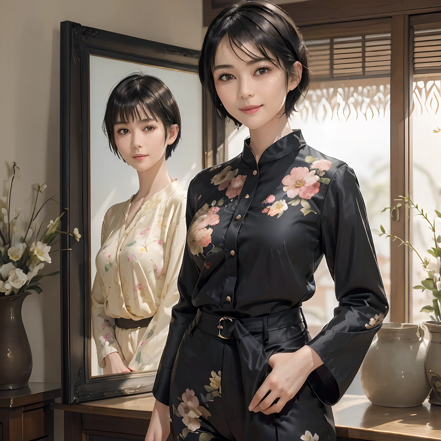 93
(a 20 yo woman,is standing), (A hyper-realistic), (masutepiece), ((short-hair:1.46)), (Smooth black hair), wear long pants, (Wearing a long-sleeved shirt with a floral print), (painterly、picture frame), (Gentle smile), (Keep your mouth shut)