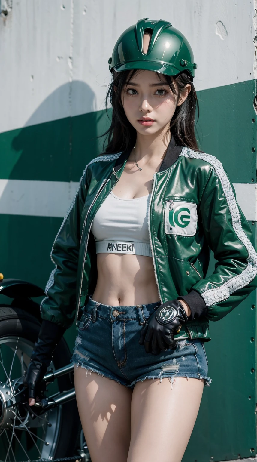 (masterpiece), best quality, expressive eyes, perfect face, cute woman, (Indonesian girl:0.2), jewerly,(wide hips), fit body, (navel:0.2), wearing indonesia GoJek light green cropped jacket, (black stripe jacket), green biker jacket, (jacket with "Ojol" text), (GoJek logo), Indonesia flag decal on jacket, (lace:0.5), (wifi symbol:0.4), motorbike, (wearing green helmet),white stripe racing helmet with Gojek logo, cleavage, (((gloves))), ultra lowleg shorts, (xivstreetjacket:0.2), (groin:1.2),