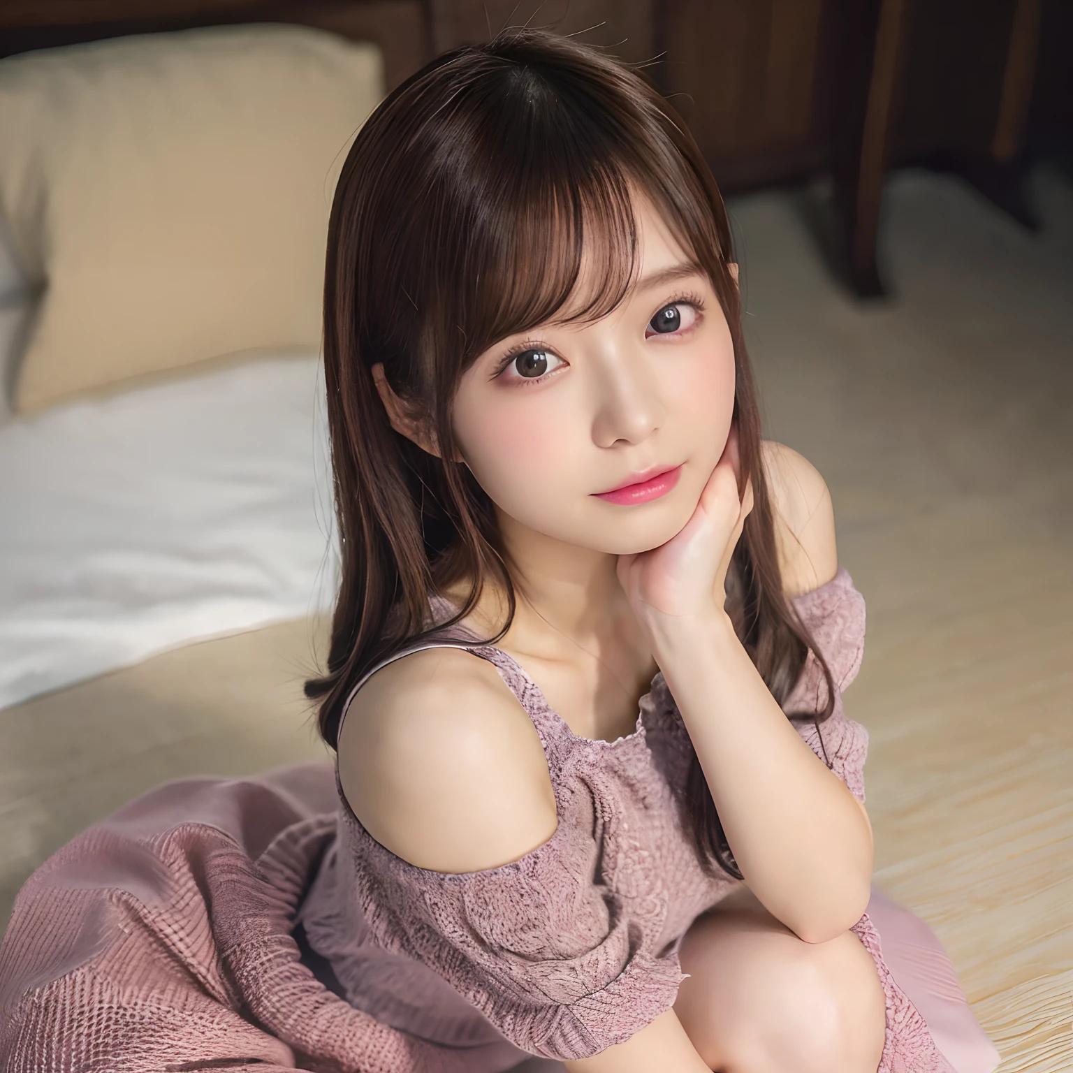 product quality, 1 girl per photo, full body shot, Front view, in the morning, Japanese young cute girl, long bob hair, wearing a wedding ring, Sleeveless long length shiny satin pink transparent chemise and lace only, Sitting on the silk bed with a big smile, Silk pillow, silk bed sheets, super cute face, glossy lips, double eyelids of both eyes, natural makeup, shiny smooth light brown hair of long bob hair, asymmetrical bangs, sunburned skin, center image, super resolution, high detail, detailed hairstyle, detailed face, cinematic lighting, octane rendering, surreal, perfect limbs, perfect anatomy